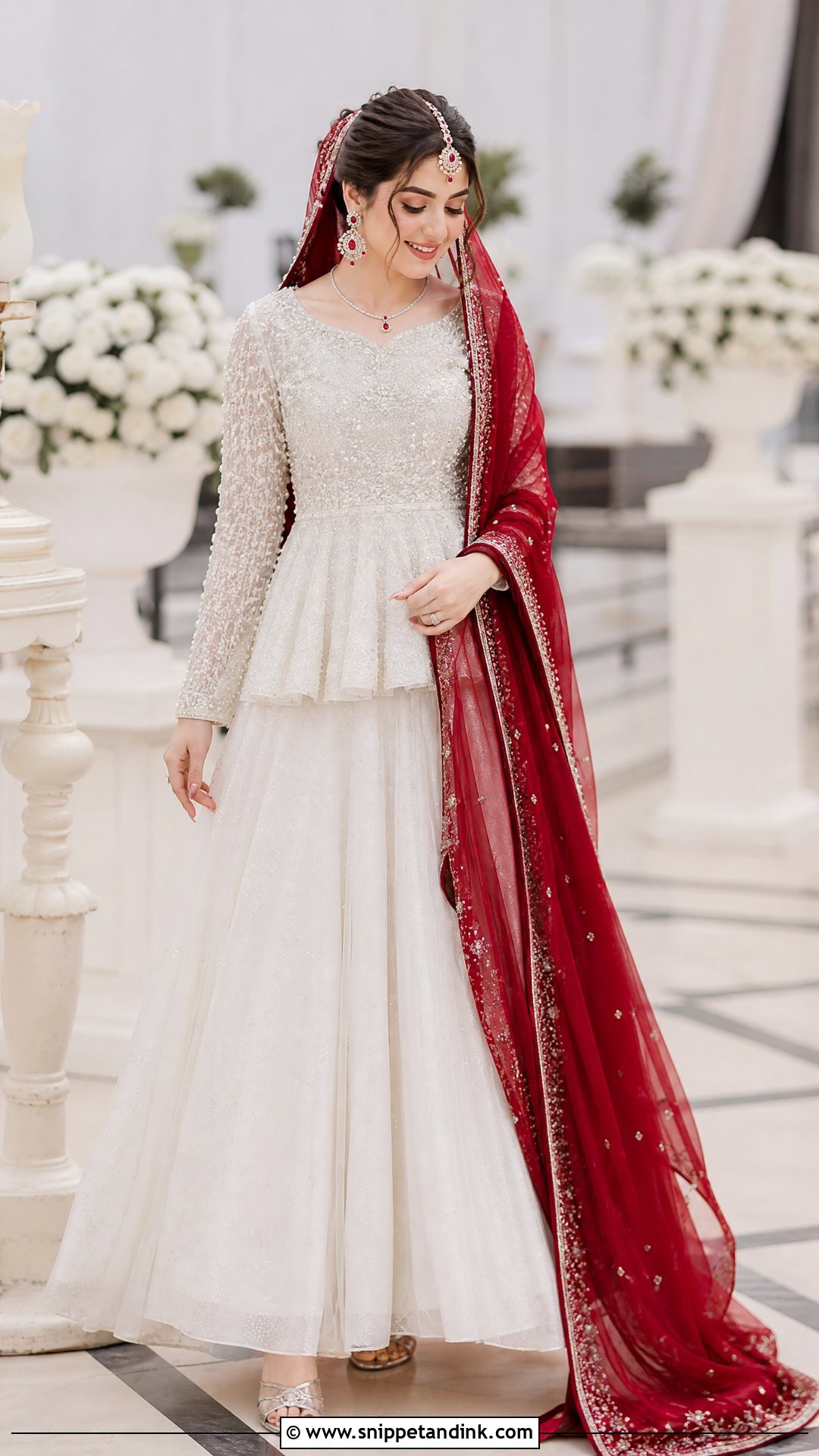 White Peplum Lehenga With Red Dupatta - Snippet and Ink - 20 White Nikkah Dress with Red Dupatta Ideas
