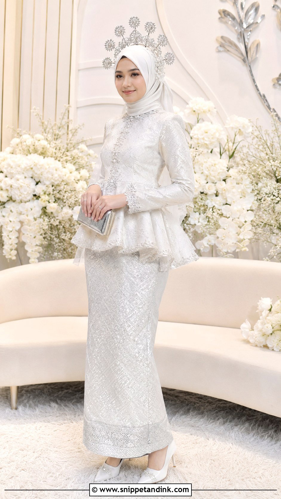 White Peplum Songket Wedding Dress Hijab - Snippet and Ink - 20 Malaysia Wedding Dress Hijab Ideas