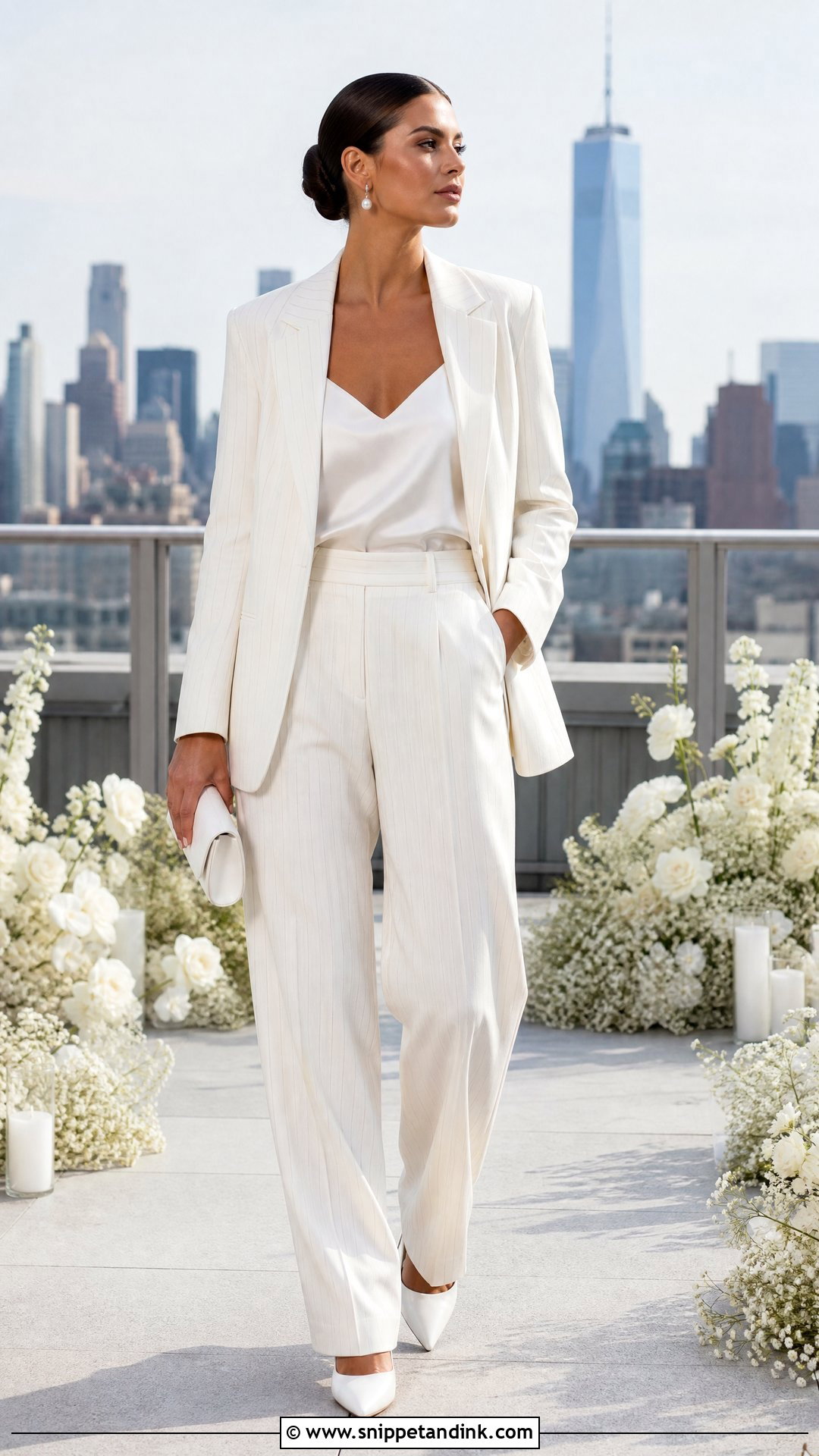 White Pinstripe Suit With Pearl Accessories - Snippet and Ink - 20 White Suit for Wedding Women Ideas
