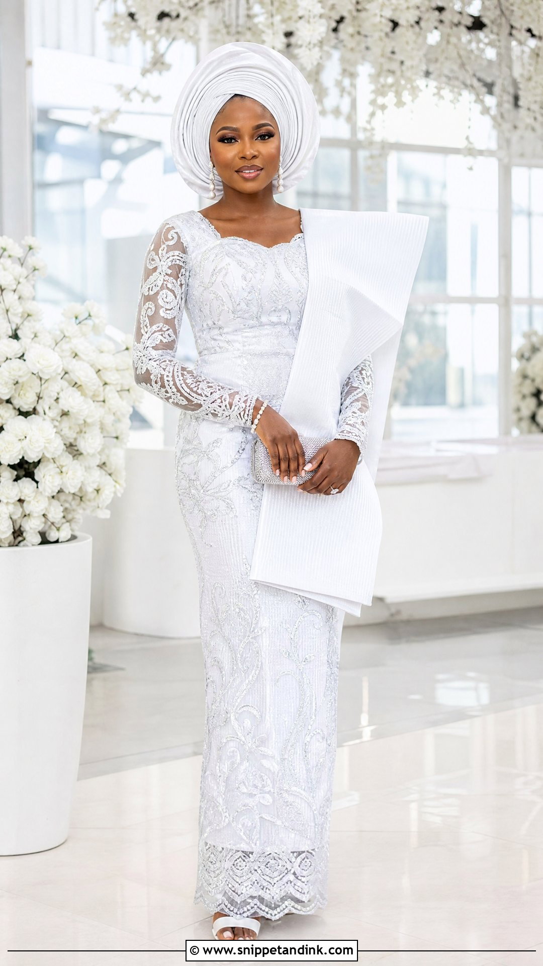 White Pleated Bridal Gele With Lace Dress - Snippet and Ink - 20 Bridal Gele Styles