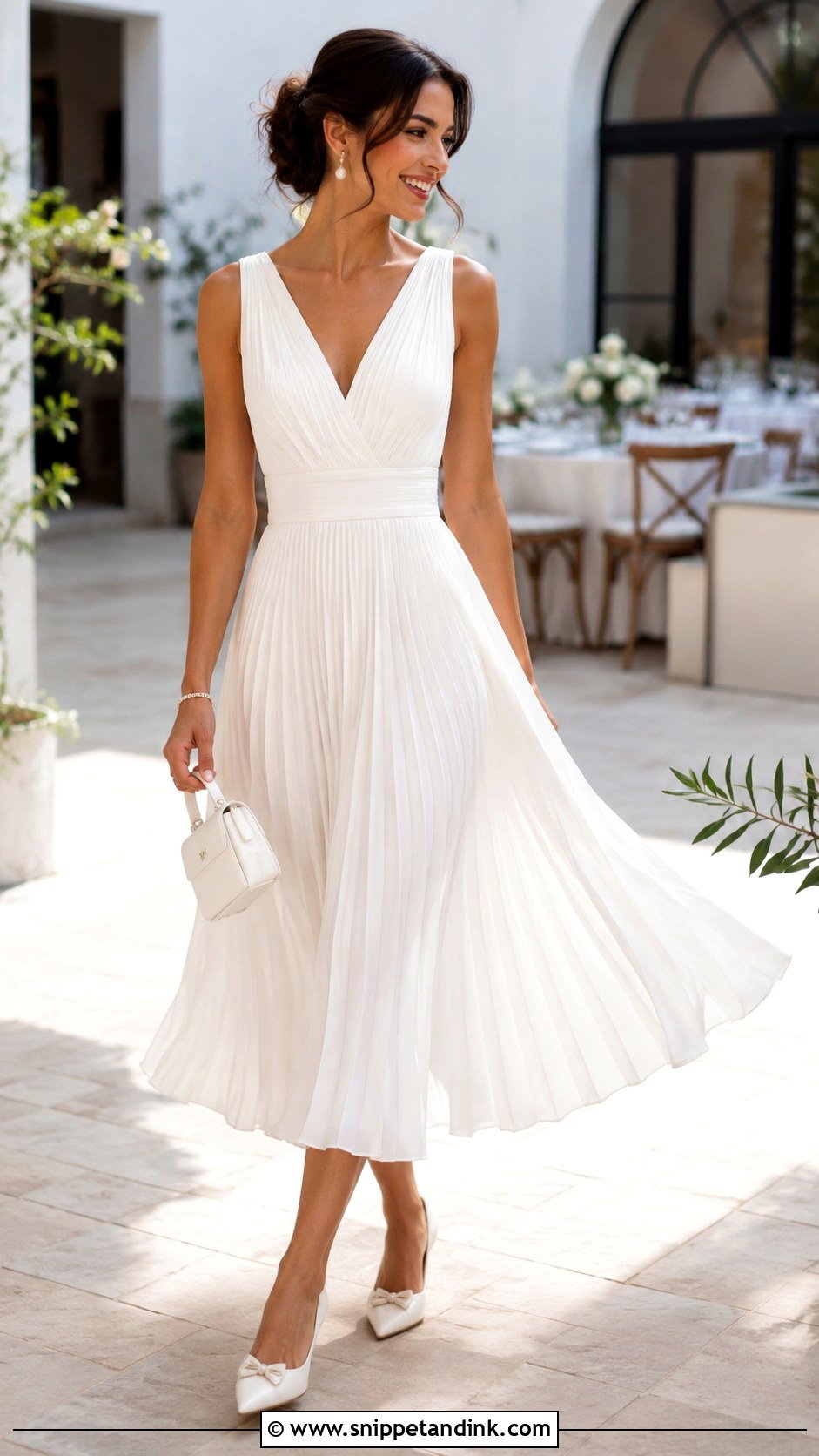 White Pleated Midi Bridal Party Dress With Kitten Heels - Snippet and Ink - 20 Bridal Party Dress for Bride Ideas