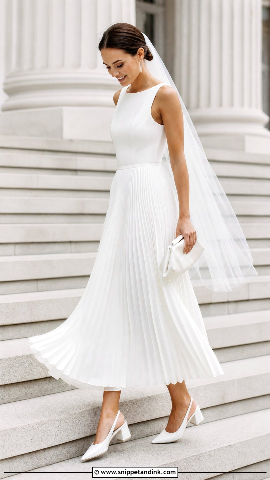 White Pleated Midi Courthouse Wedding Dress - Snippet and Ink - 20 White Courthouse Wedding Dress Ideas