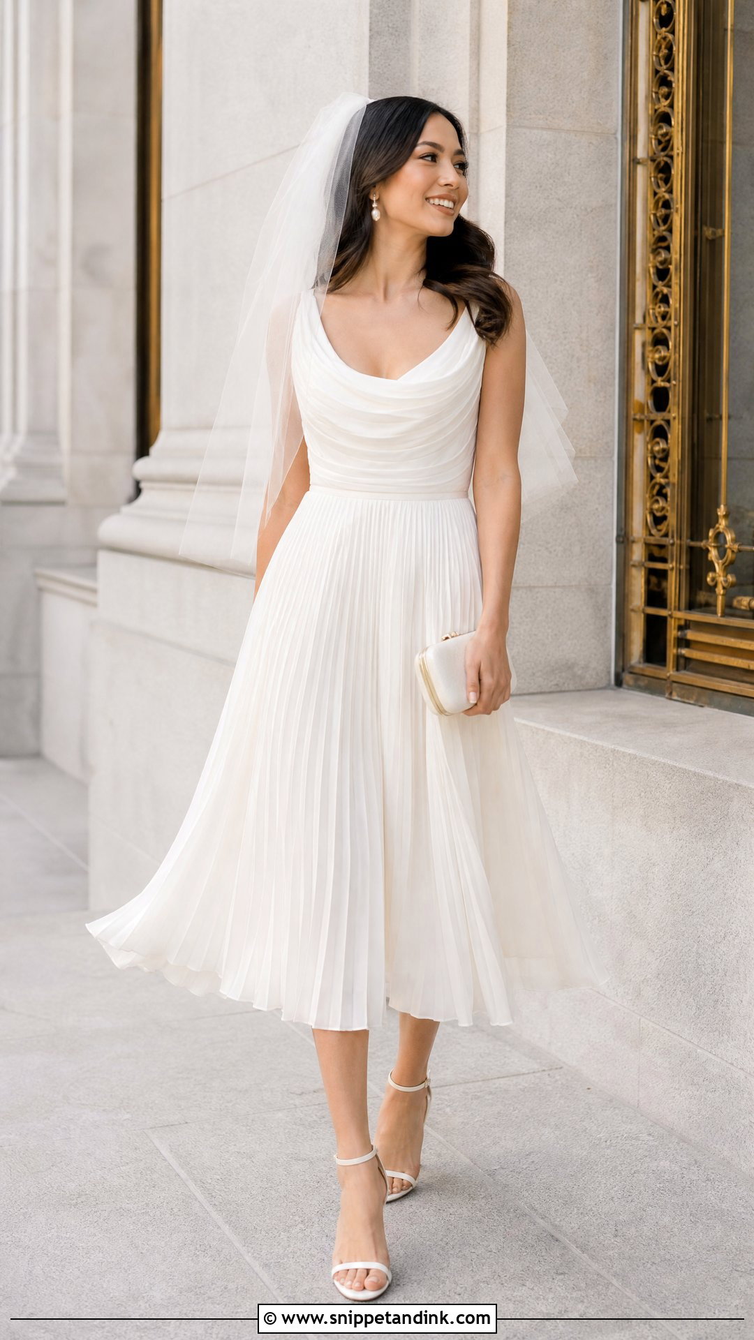White Pleated Midi Dress for Civil Wedding - Snippet and Ink - 20 White Dress for Civil Wedding Ideas