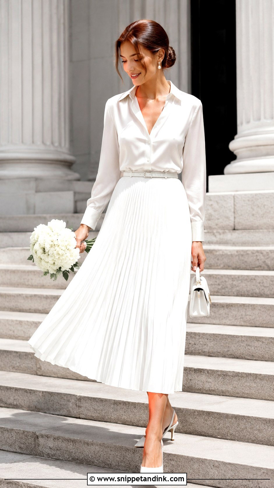 White Pleated Skirt Court Wedding Outfit - Snippet and Ink - 25 Court Wedding Outfits