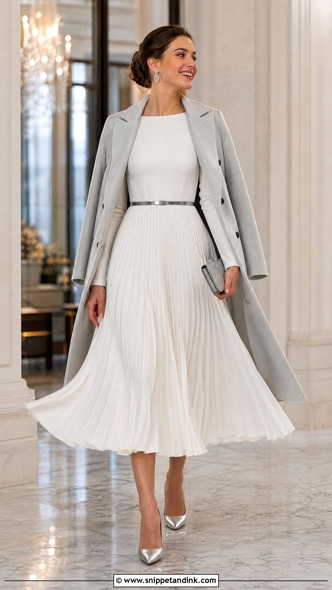 White Pleated Winter Rehearsal Dinner Dress - Snippet and Ink - 20 Winter Rehearsal Dinner Dress Ideas