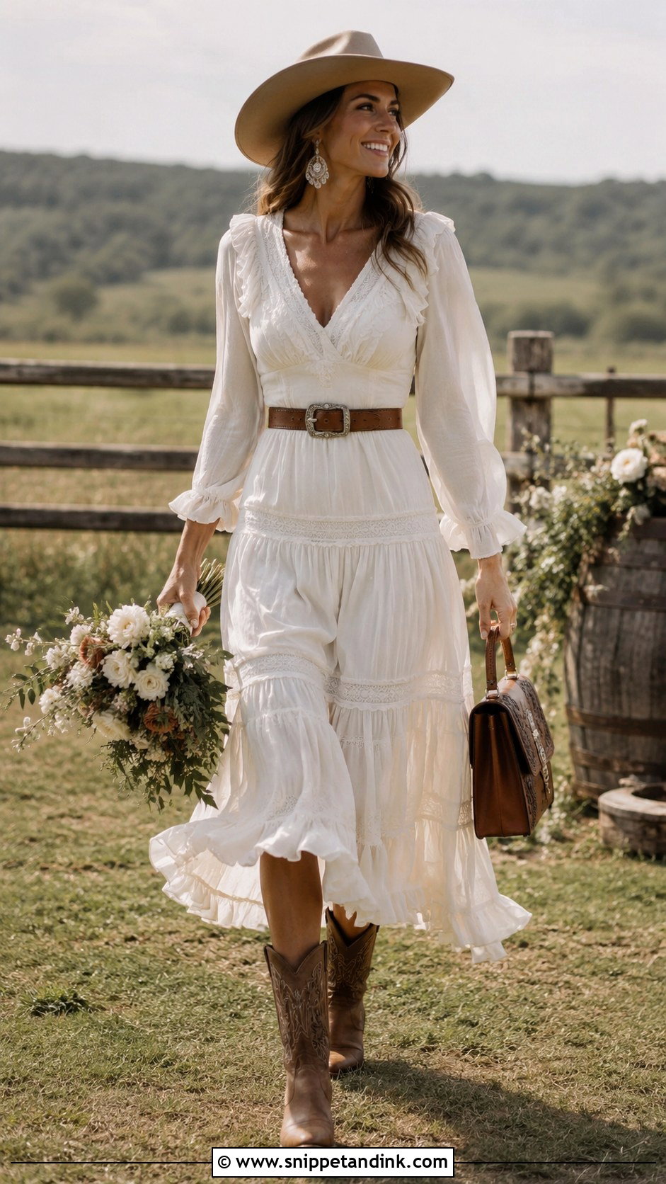 White Prairie Dress Bridal Cowgirl Outfit - Snippet and Ink - 20 Bridal Cowgirl Outfit Ideas