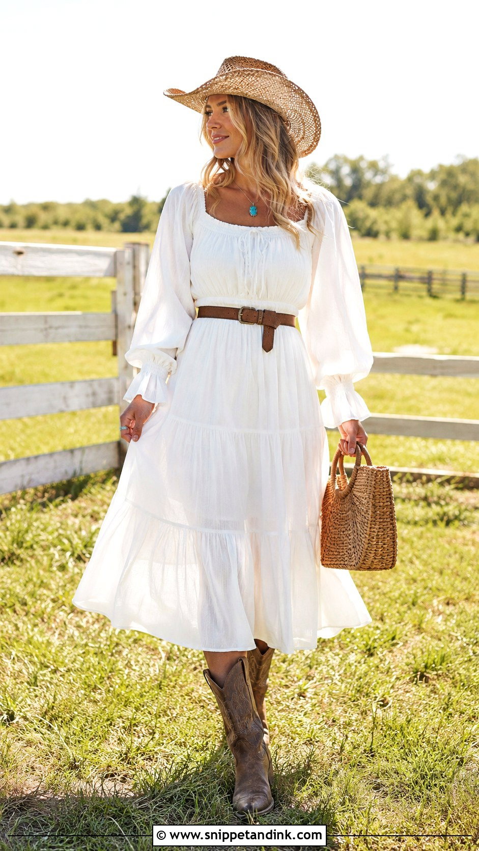 White Prairie Dress With Cowgirl Boots - Snippet and Ink - 20 Bride Cowgirl Outfit Ideas