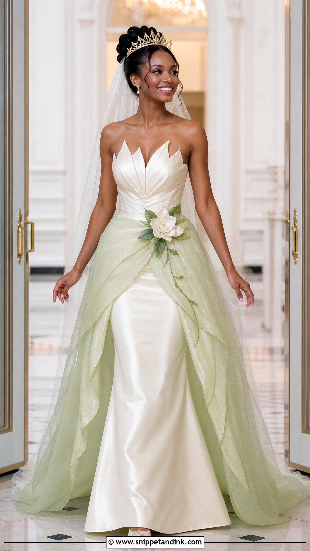 White Princess Tiana Dress With Green Overskirt - Snippet and Ink - 20 Princess Tiana Wedding Dress Ideas