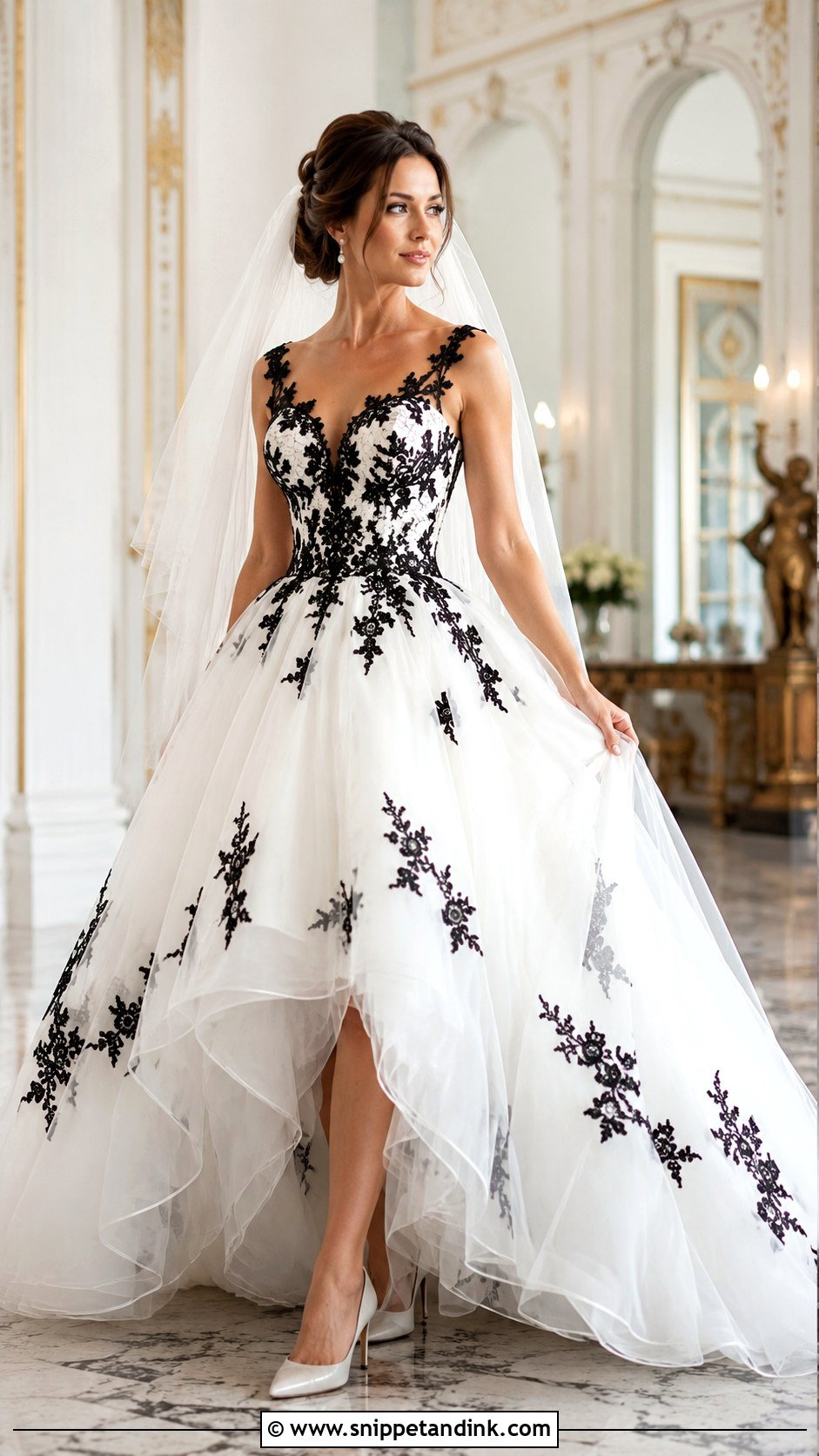 White Princess Wedding Dress With Black Lace Applique - Snippet and Ink - 25 White Wedding Dress with Black Lace Ideas