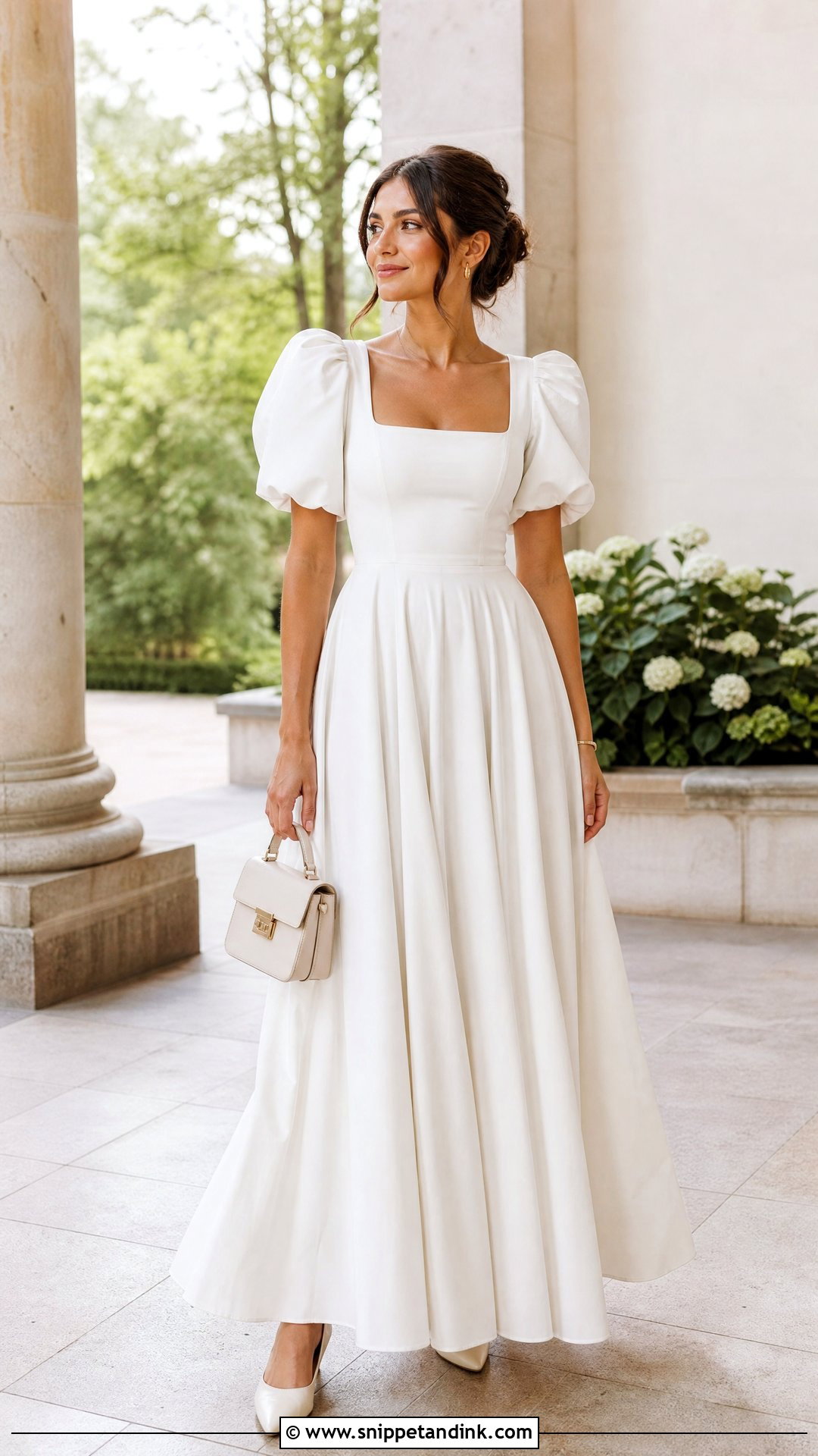 White Puff Sleeve Gown With Simple Pumps - Snippet and Ink - 25 Simple White Gown Ideas