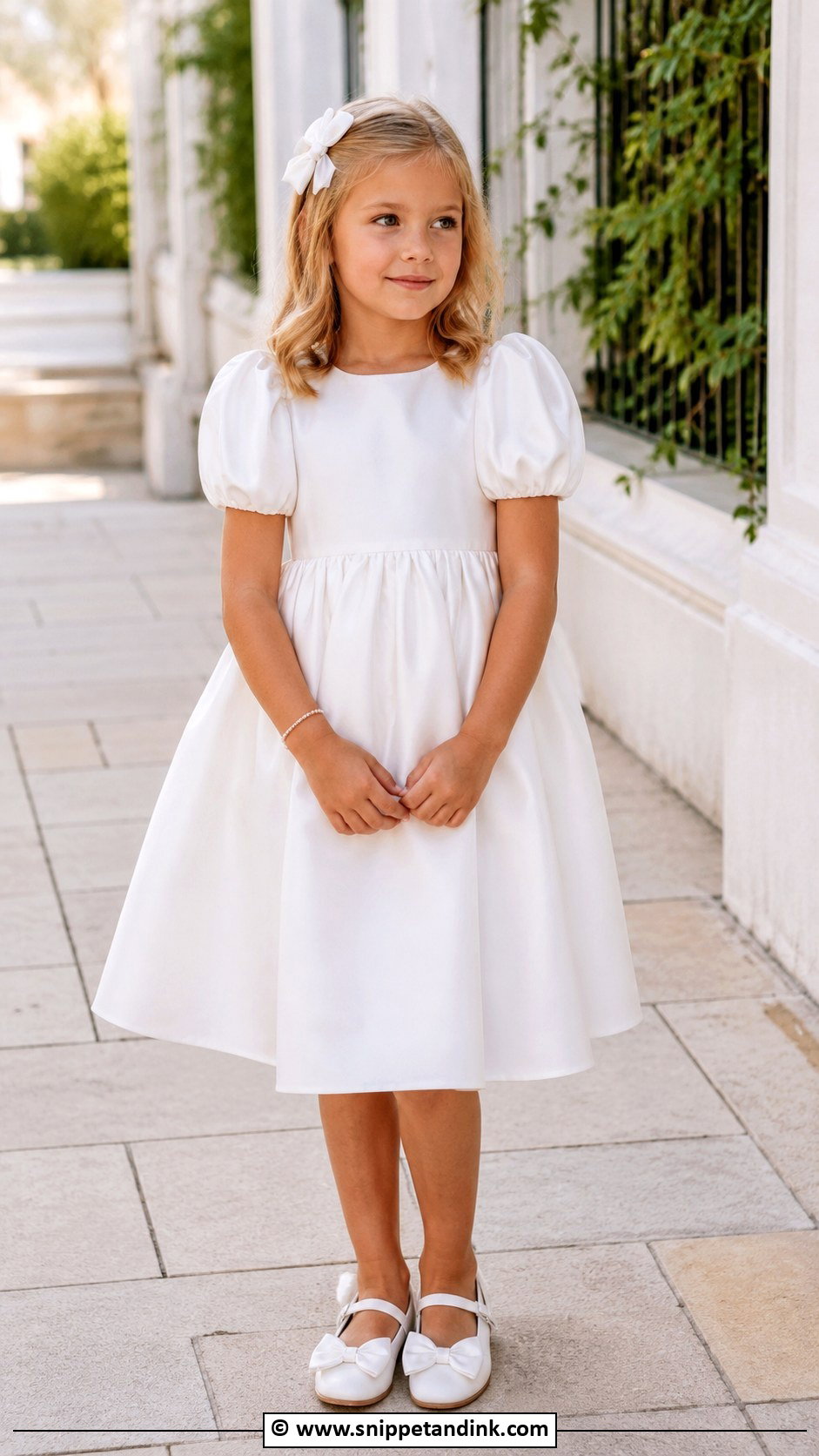 White Puff Sleeve Kids Wedding Dress With Bow Shoes - Snippet and Ink - 25 Wedding Dress for Kids Ideas