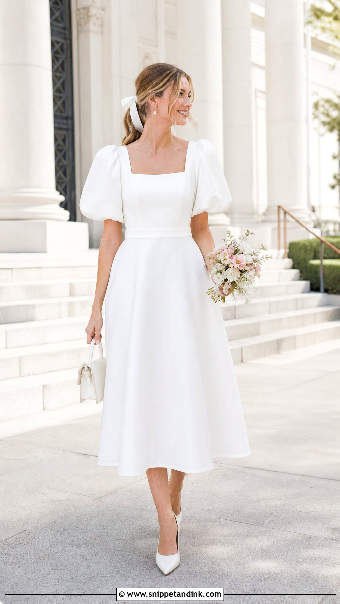 White Puff Sleeve Midi Court Wedding Dress - Snippet and Ink - 20 White Court Wedding Dress Ideas