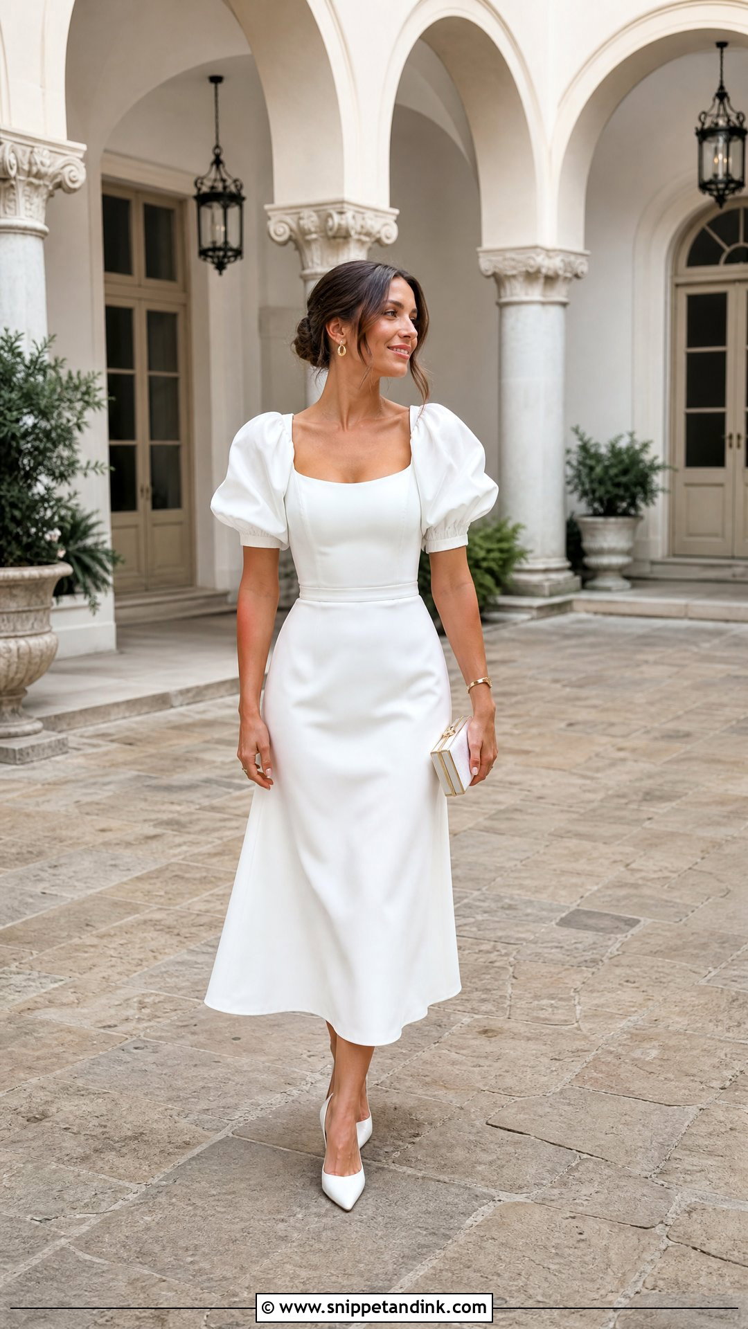 White Puff Sleeve Rehearsal Dinner Dress - Snippet and Ink - 20 Bride Rehearsal Dinner Dress Ideas