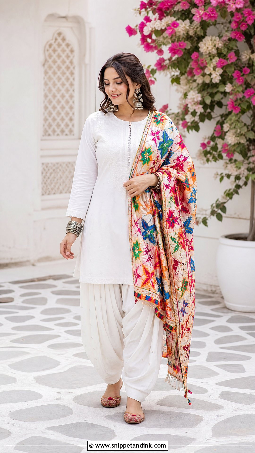 White Punjabi Suit With Phulkari Dupatta - Snippet and Ink - 25 Trending Punjabi Suits for Wedding