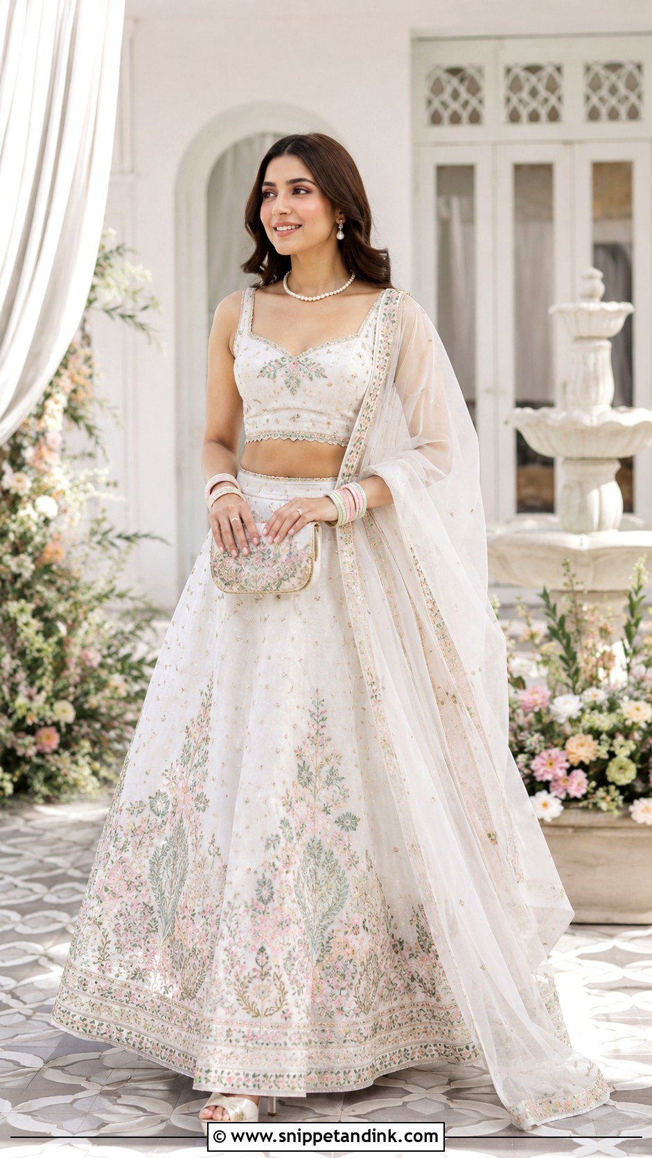 White Punjabi Wedding Lengha With Pastel Embroidery - Snippet and Ink - 25 Punjabi Wedding Lengha Ideas