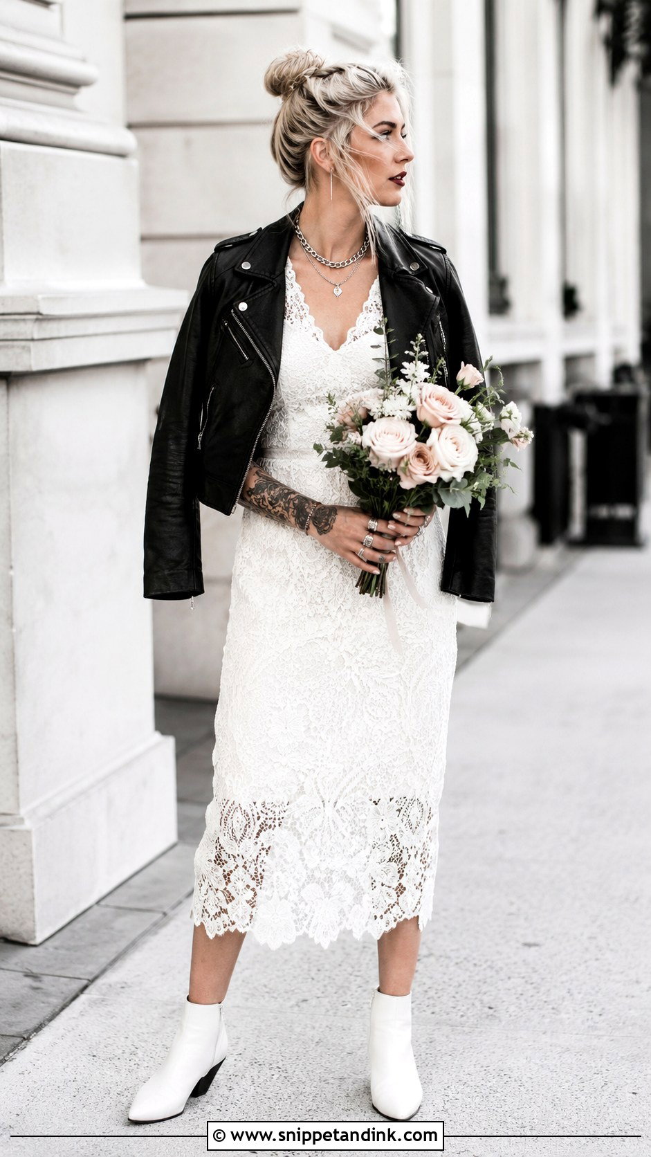 White Punk Wedding Dress With Leather Jacket - Snippet and Ink - 25 Punk Wedding Dress Ideas