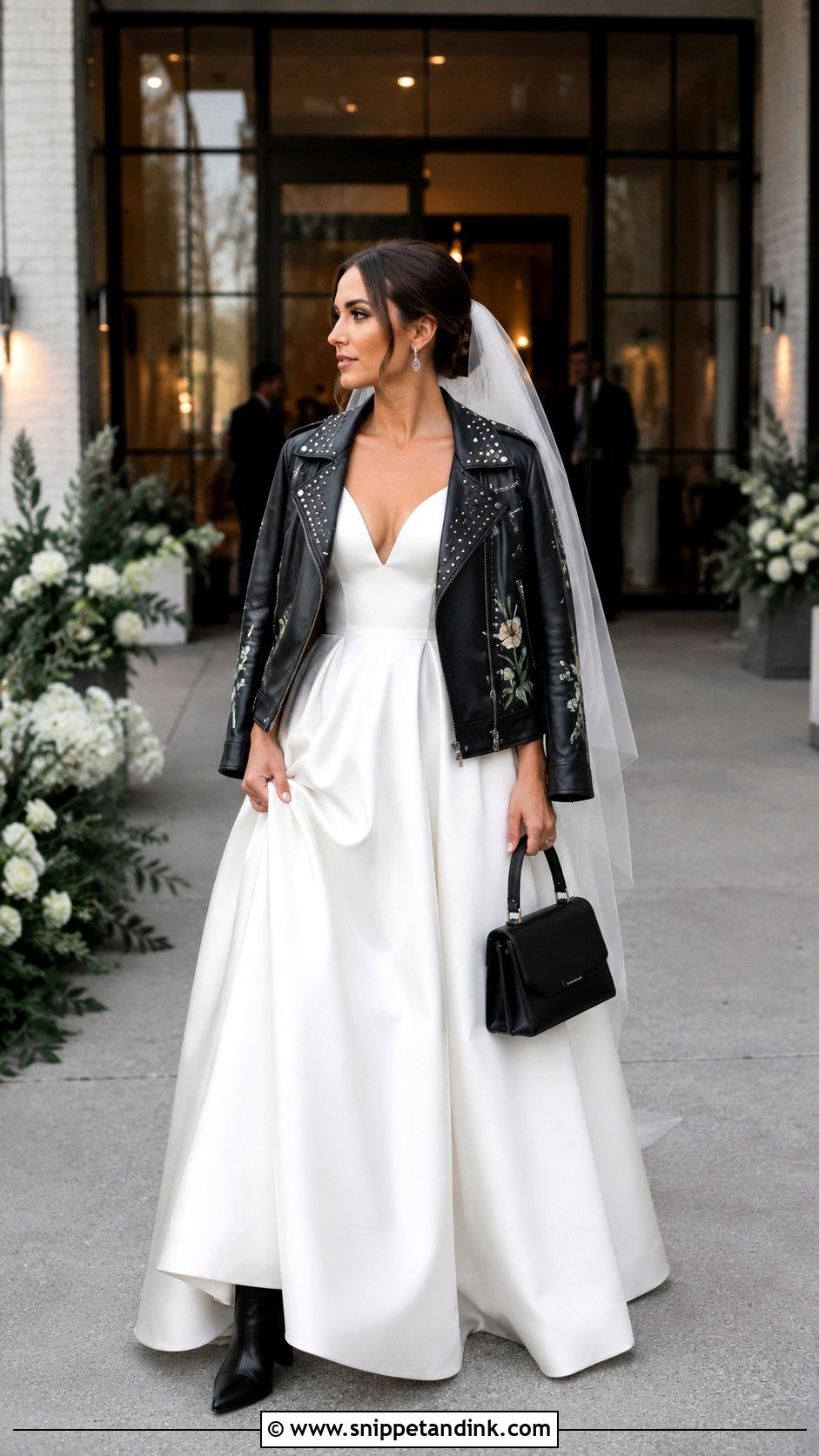 White Rock Wedding Dress With Custom Leather Jacket - Snippet and Ink - 20 Rock Wedding Dress Ideas