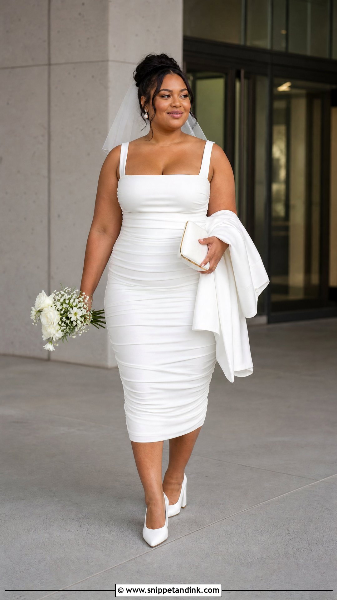 White Ruched Midi Dress for Civil Wedding - Snippet and Ink - 20 White Dress for Civil Wedding Ideas