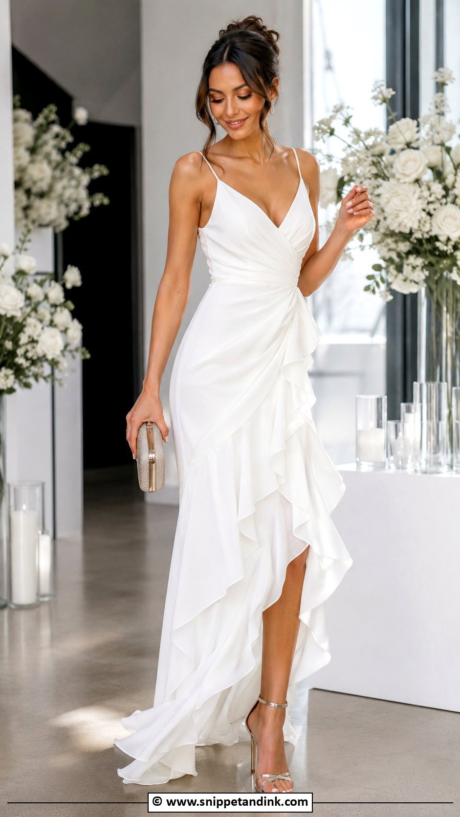 White Ruffle Gown With Metallic Heels - Snippet and Ink - 30 Elegant Classy White Gowns