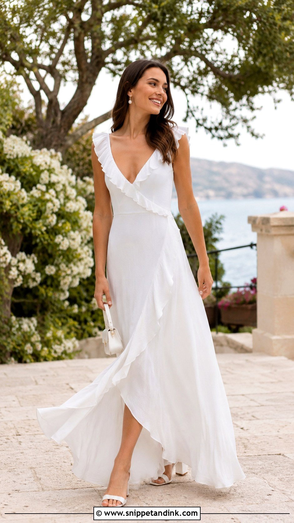 White Ruffle Maxi Rehearsal Dinner Dress - Snippet and Ink - 20 Bride Rehearsal Dinner Dress Ideas