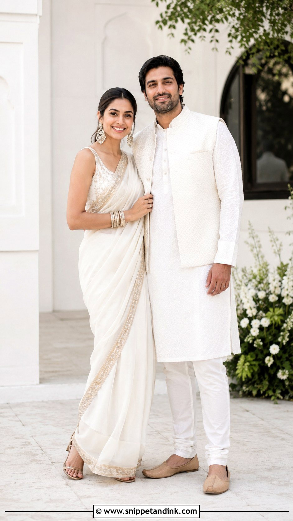 White Saree And White Kurta Couple Outfit - Snippet and Ink - 20 Couple Matching Indian Outfits