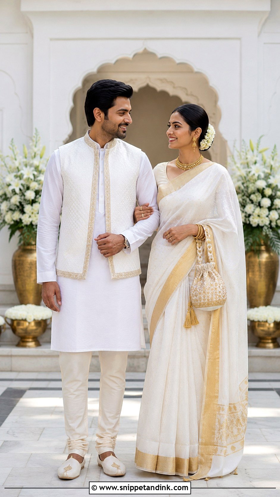 White Saree And White Kurta Indian Wedding Outfit - Snippet and Ink - 20 Indian Wedding Matching Outfits