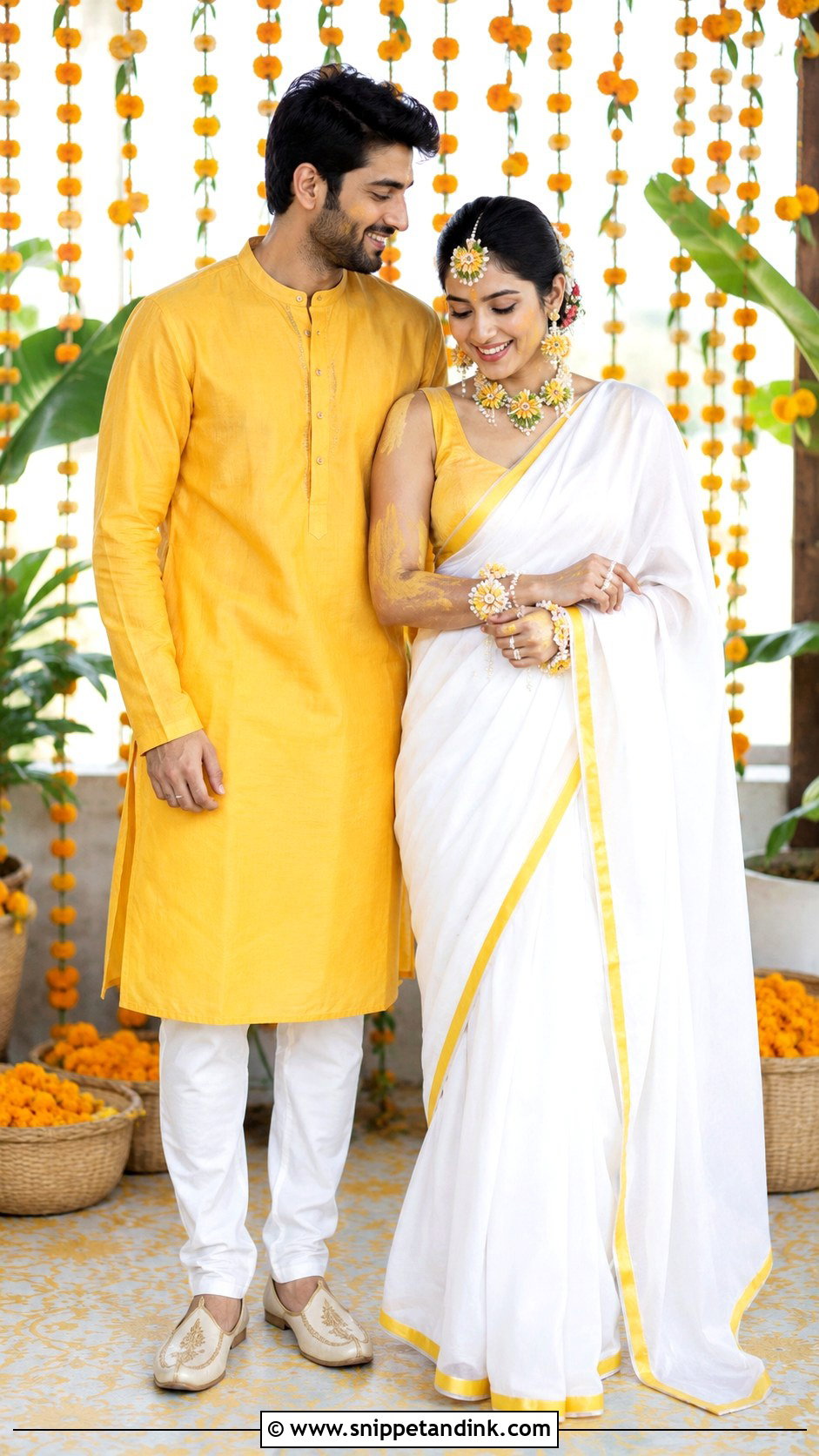 White Saree And Yellow Kurta Haldi Couple Outfit - Snippet and Ink - 25 Haldi Couple Outfits
