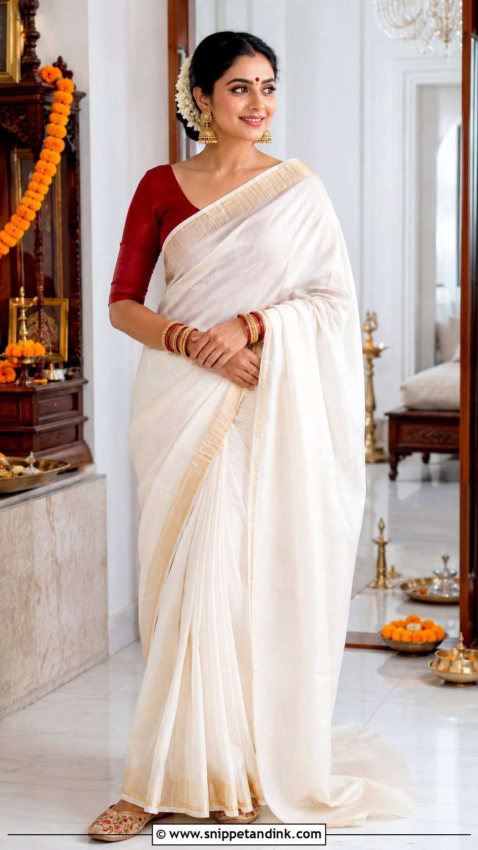 White Saree With Red Blouse Grahshanti Outfit - Snippet and Ink - 20 Grahshanti Outfit for Bridal Ideas