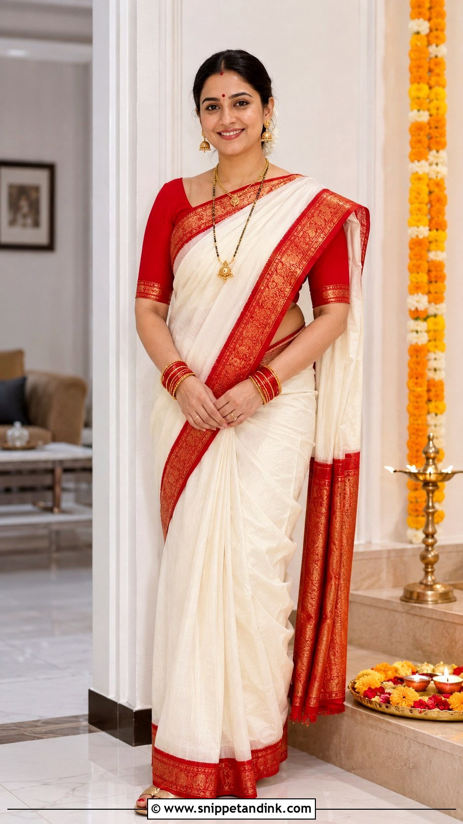 White Saree With Red Border Look - Snippet and Ink - 25 Indian After Marriage Look Ideas