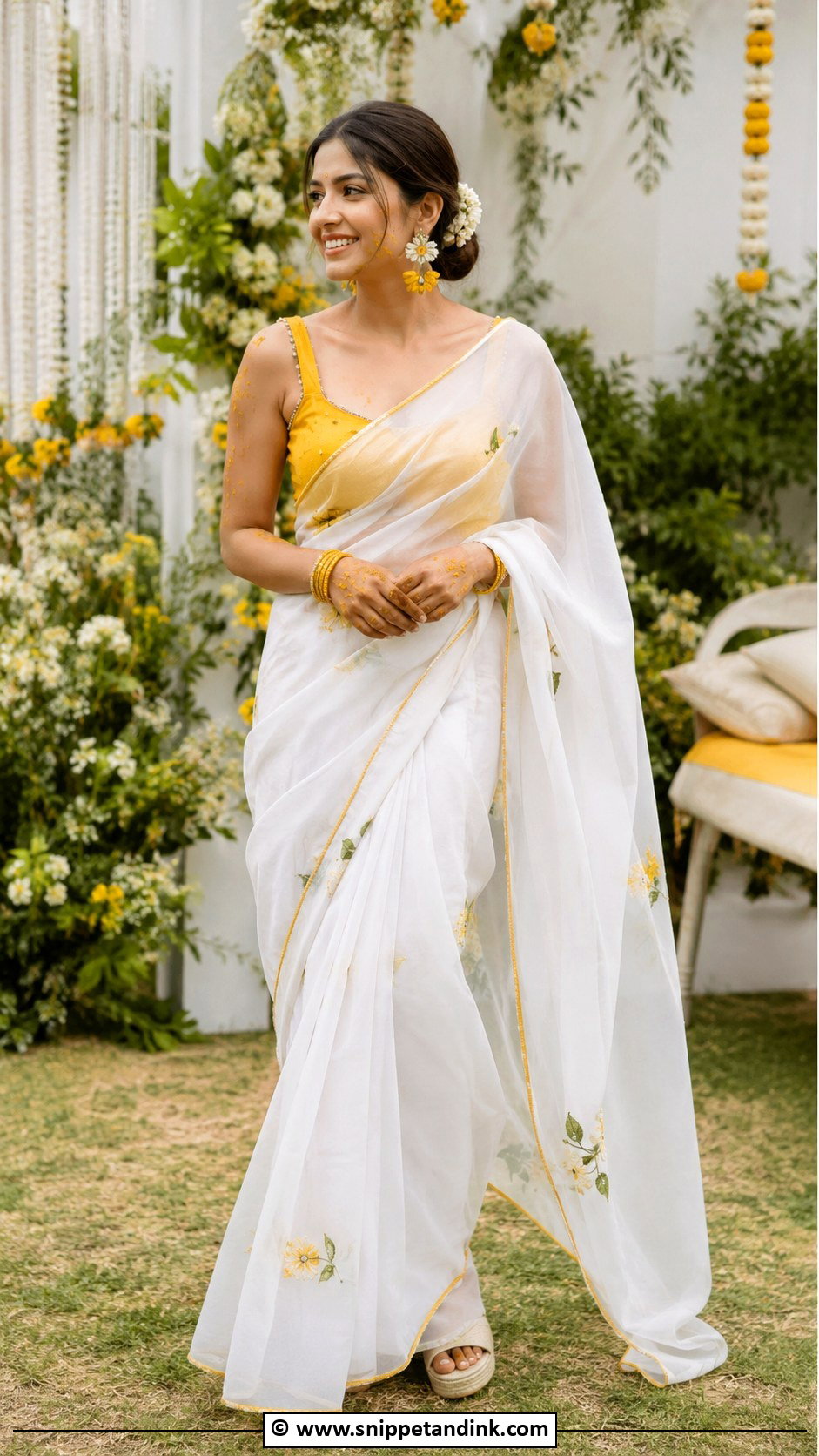 White Saree With Yellow Blouse for Haldi Bride - Snippet and Ink - 30 Unique Haldi Outfits for Bride