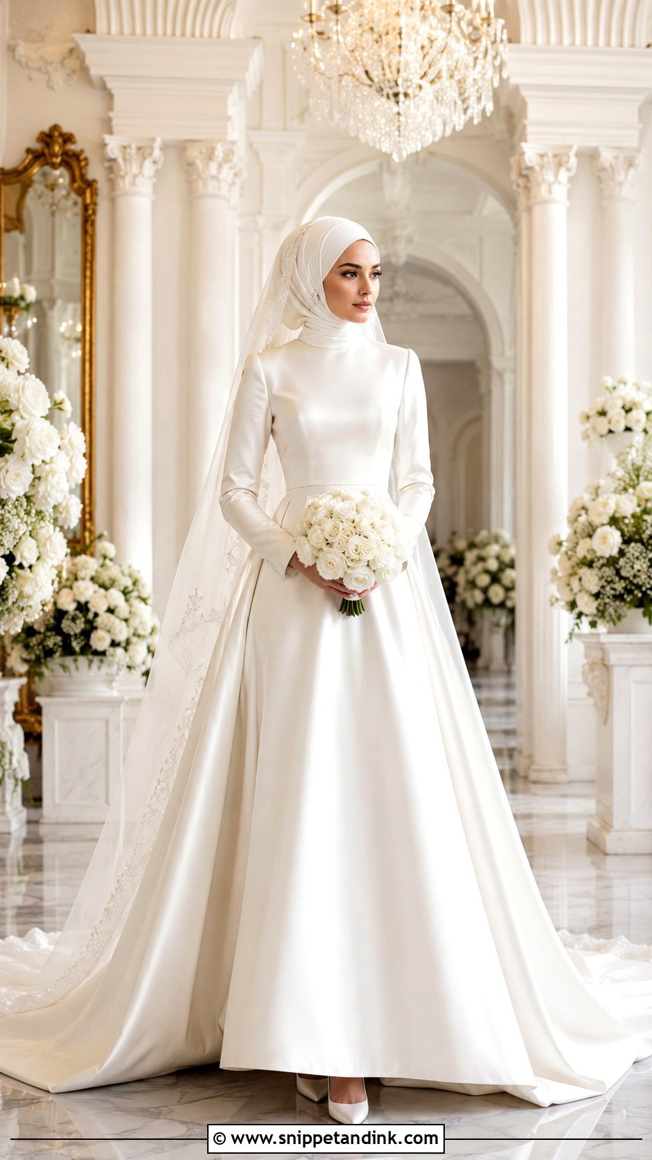 White Satin A Line Dress With Bridal Hijab - Snippet and Ink - 20 Bridal with Hijab Ideas