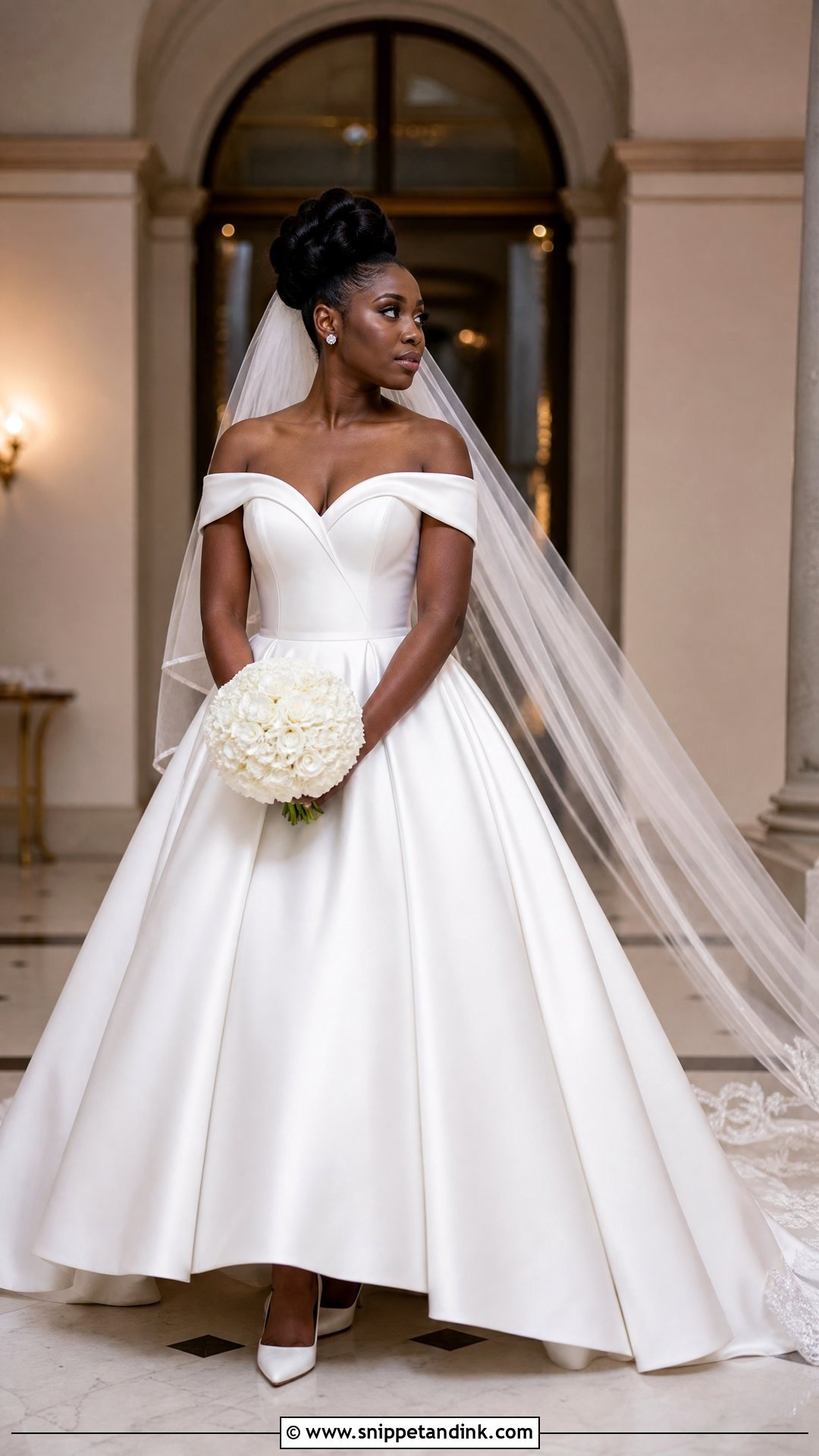 White Satin Ball Gown With Cathedral Veil - Snippet and Ink - 20 White Wedding Dresses Black Women
