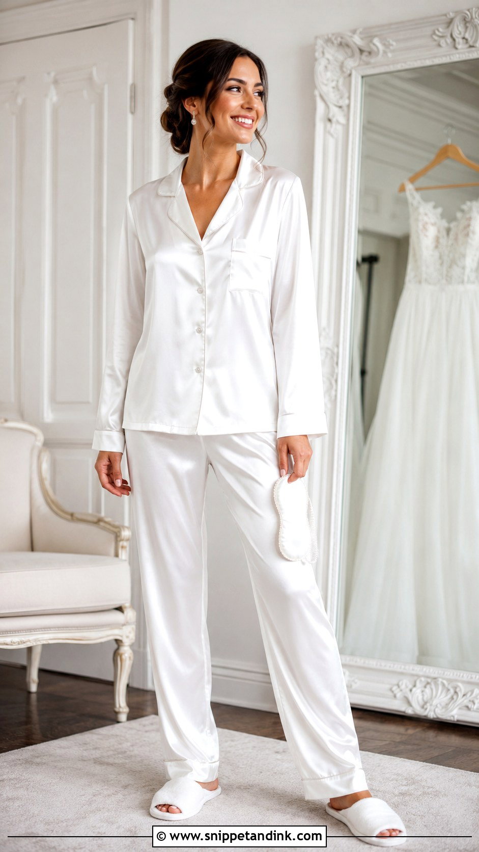 White Satin Bridal Pajama Set - Snippet and Ink - 20 Bridal Loungewear Ideas