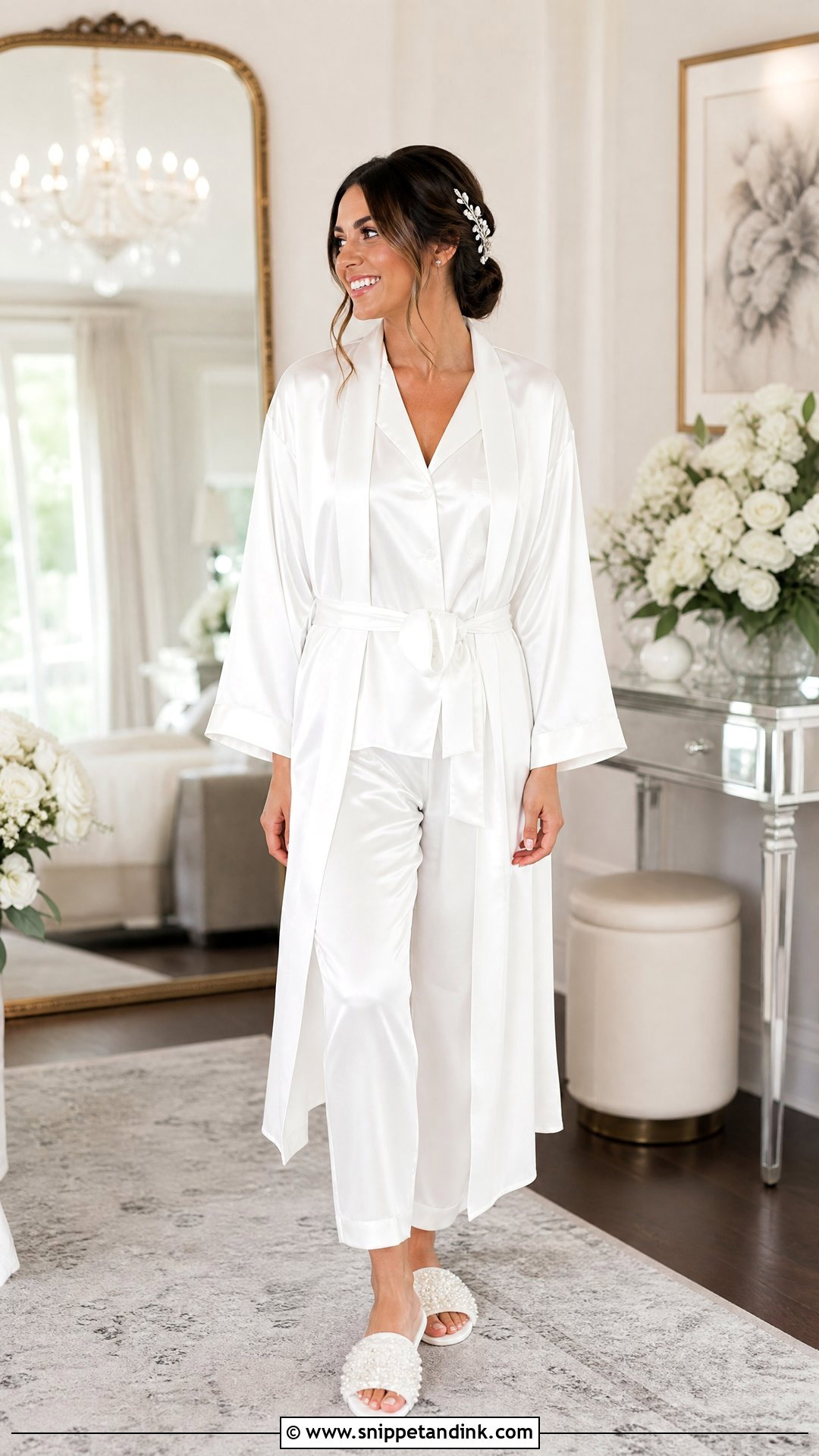White Satin Bridal Robe With Pajama Set - Snippet and Ink - 20 White Bridal Robe Ideas