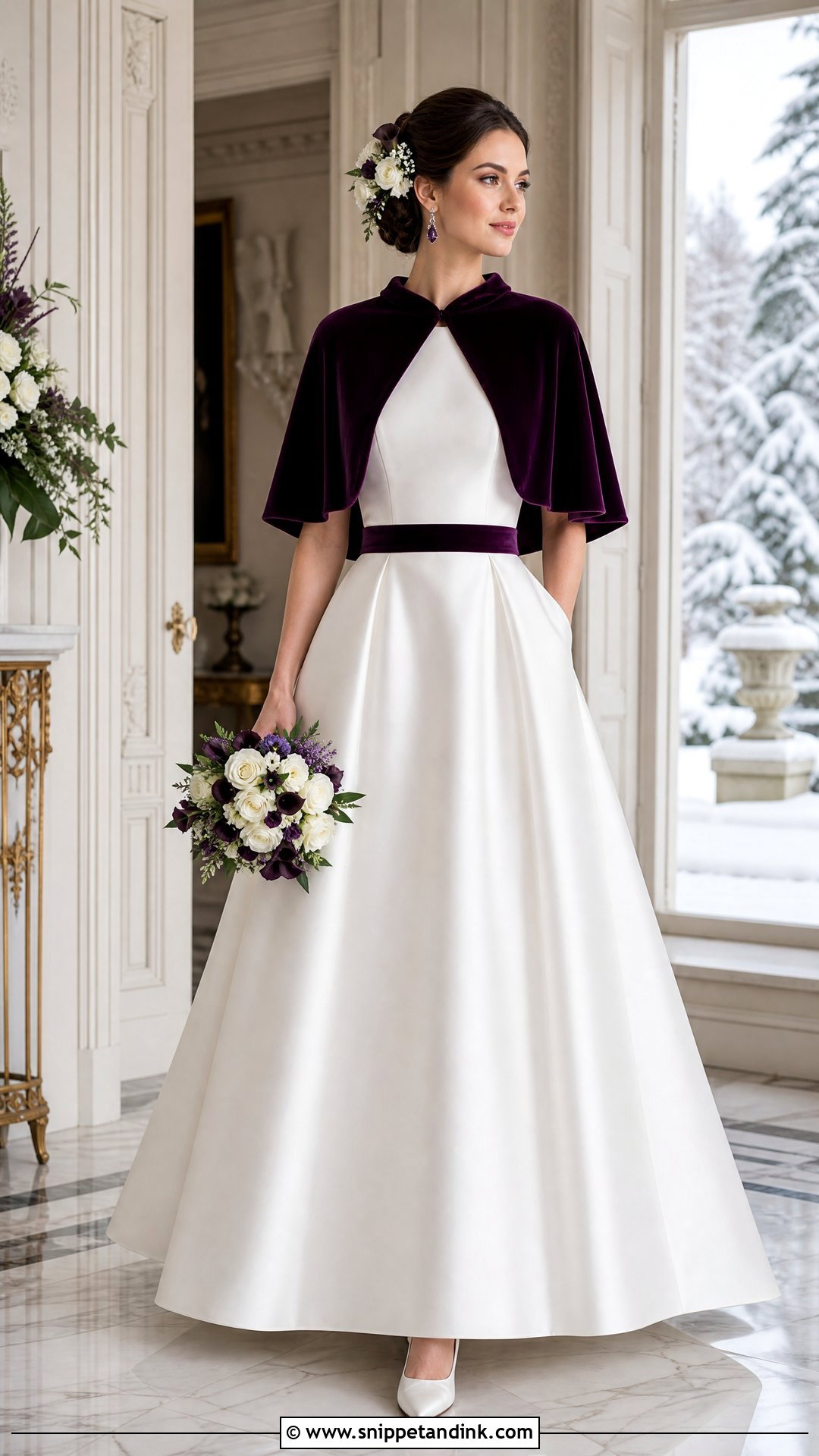 White Satin Dress With Purple Velvet Details - Snippet and Ink - 25 Purple and White Wedding Dress Ideas