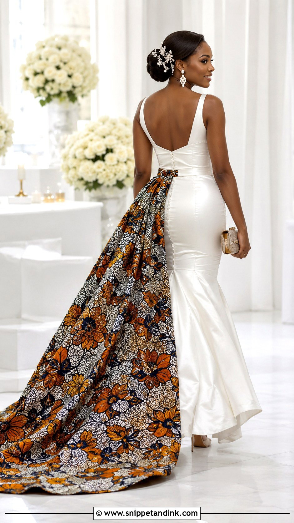 White Satin Gown With African Print Train - Snippet and Ink - 20 African Bridal Wedding Dress Ideas