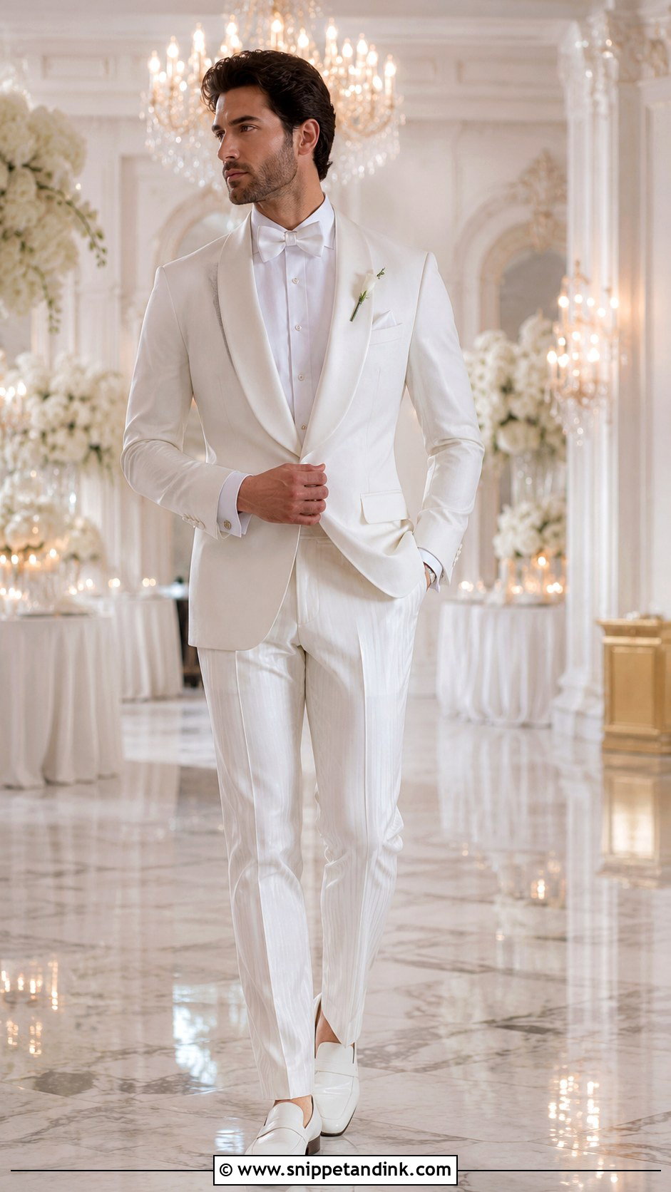 White Satin Lapel Tuxedo - Snippet and Ink - 20 All White Tuxedo Wedding Ideas