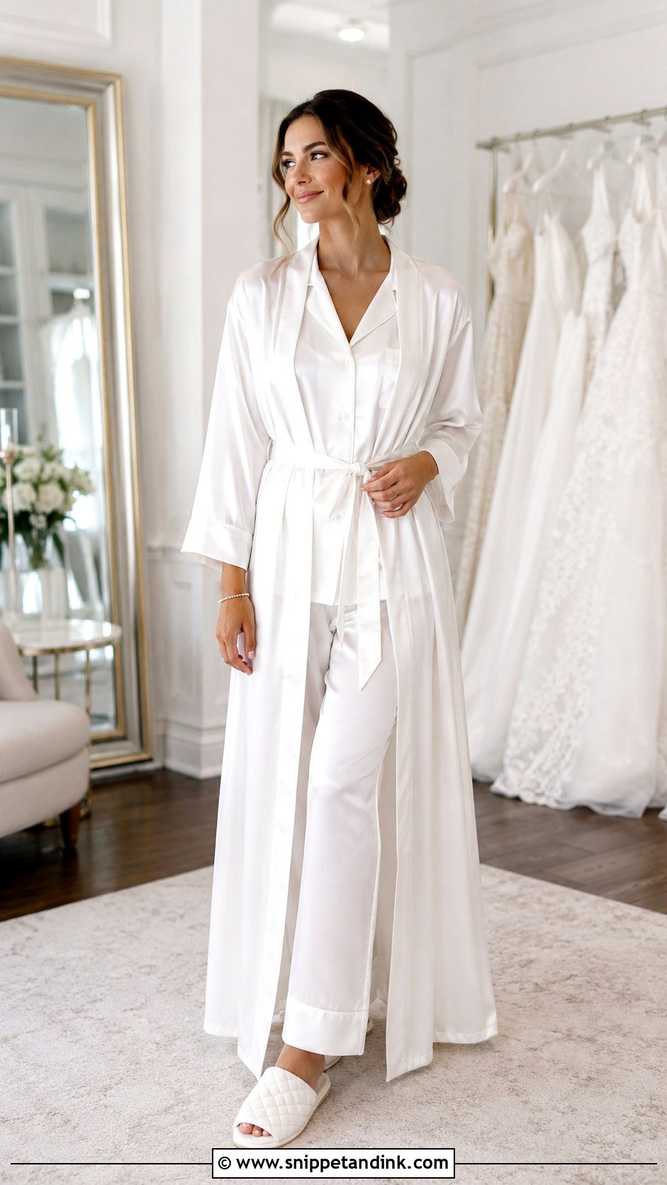 White Satin Long Bridal Robe Outfit - Snippet and Ink - 20 Long Bridal Robe Ideas
