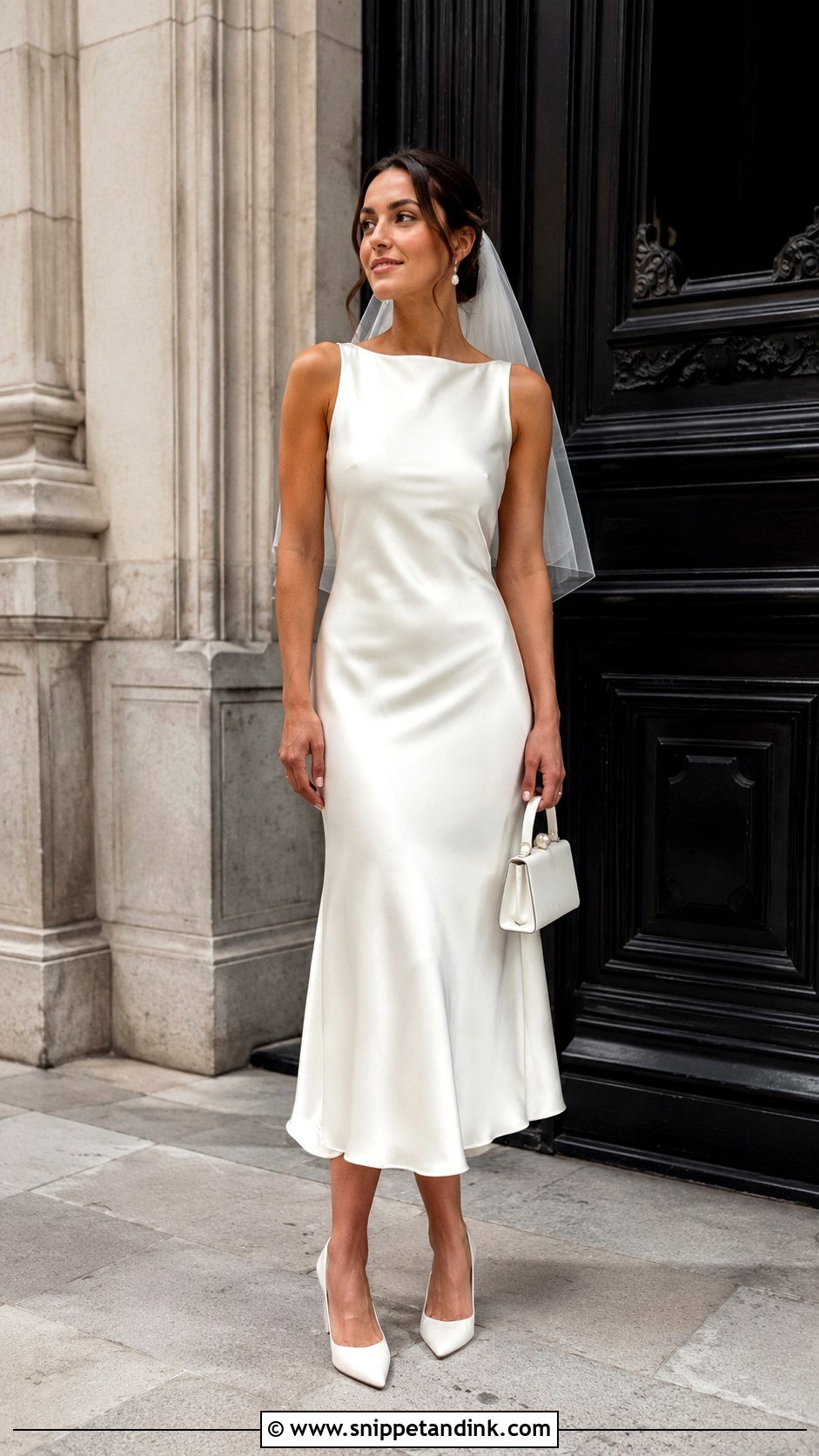 White Satin Midi City Hall Wedding Dress - Snippet and Ink - 20 City Hall Wedding Dress Civil Ceremony Outfit Ideas
