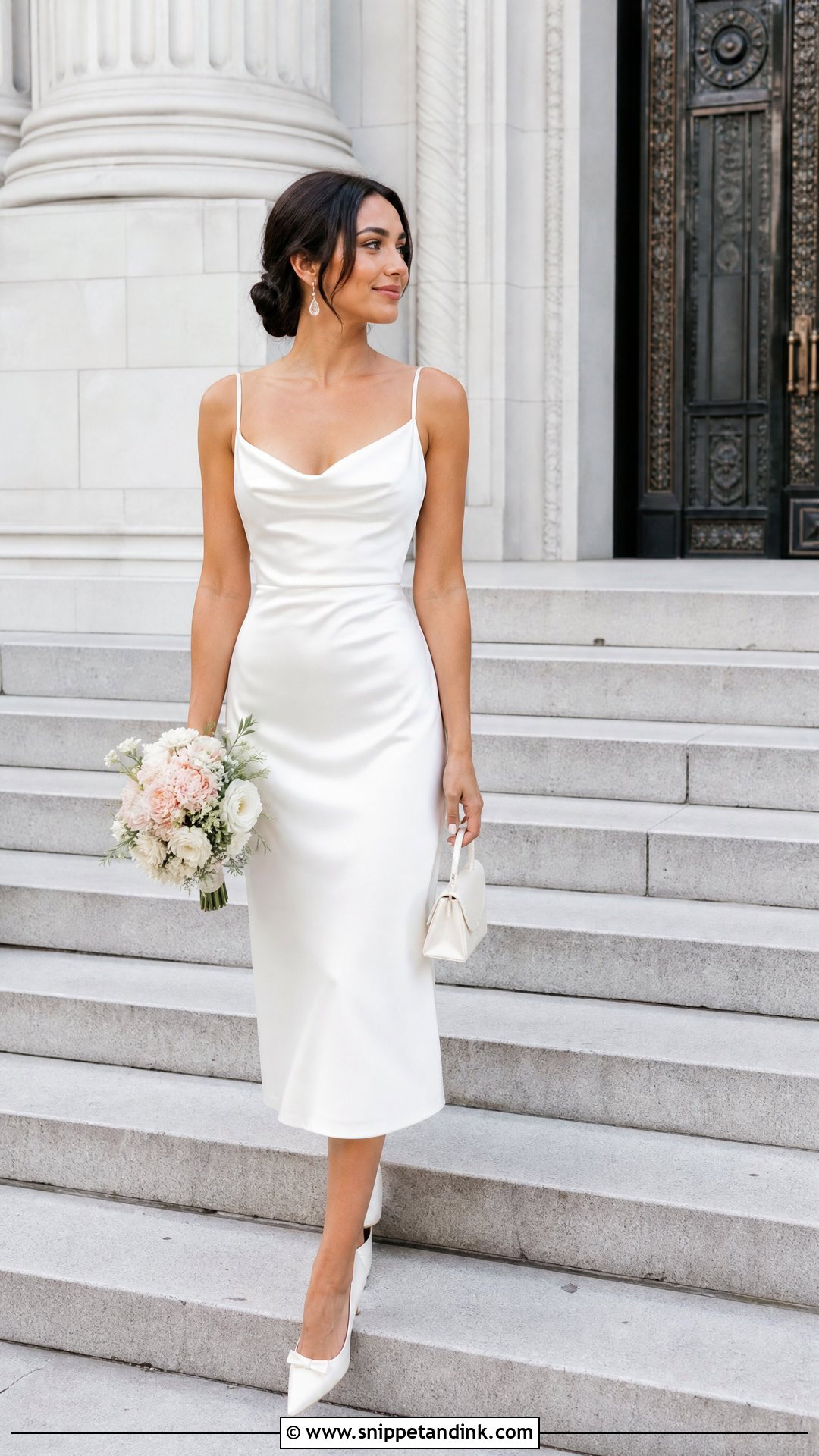 White Satin Midi Court Wedding Dress - Snippet and Ink - 20 White Court Wedding Dress Ideas