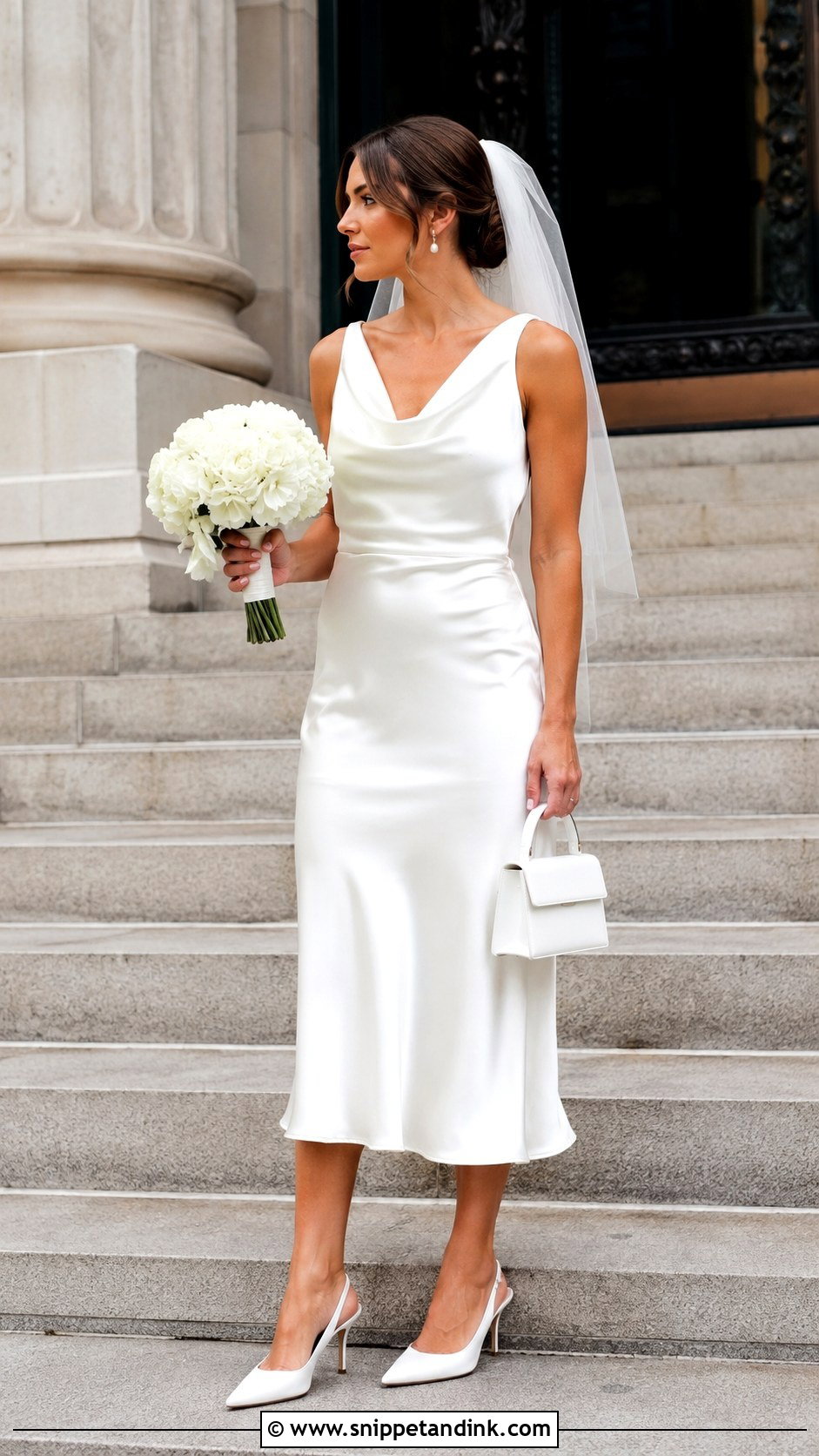White Satin Midi Courthouse Wedding Outfit - Snippet and Ink - 20 Courthouse Wedding Outfit Bride Ideas