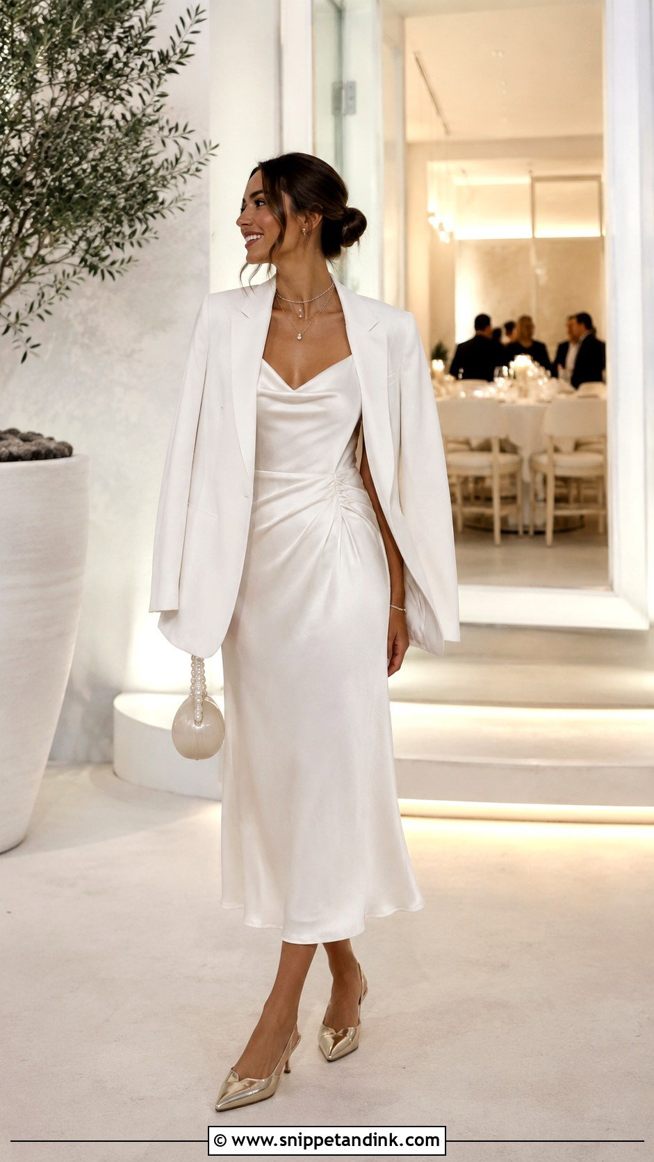 White Satin Midi Dress Bride Bach Outfit - Snippet and Ink - 20 Bach Outfits for Bride