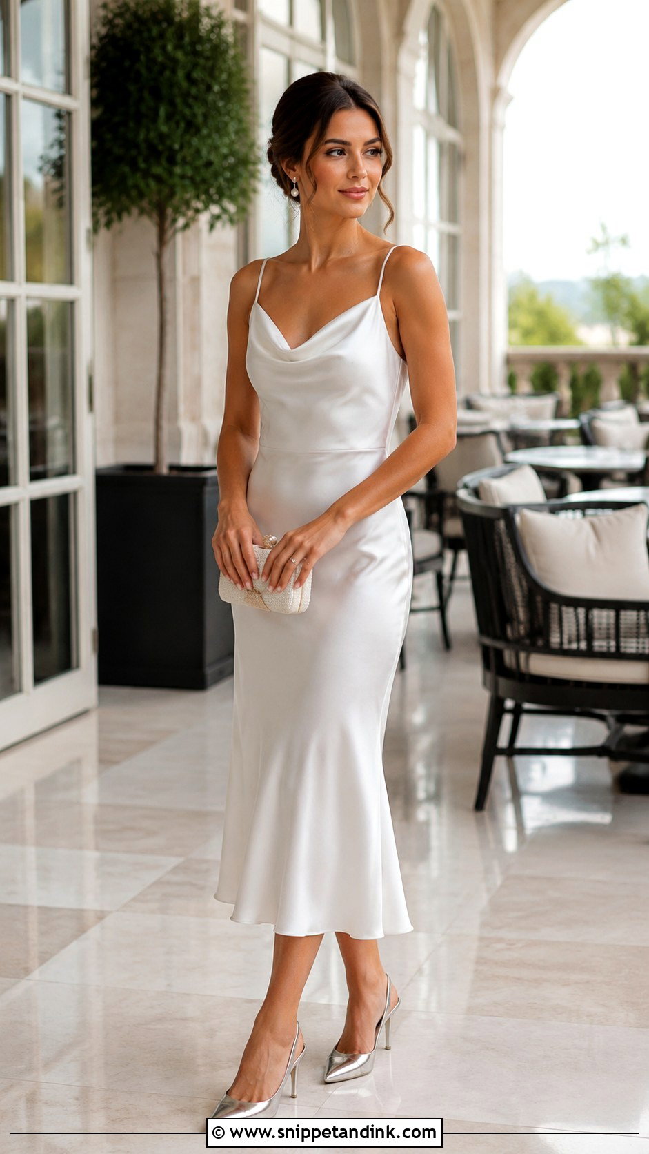 White Satin Midi Dress Engagement Party Outfit - Snippet and Ink - 20 Bridal Event Outfit Ideas