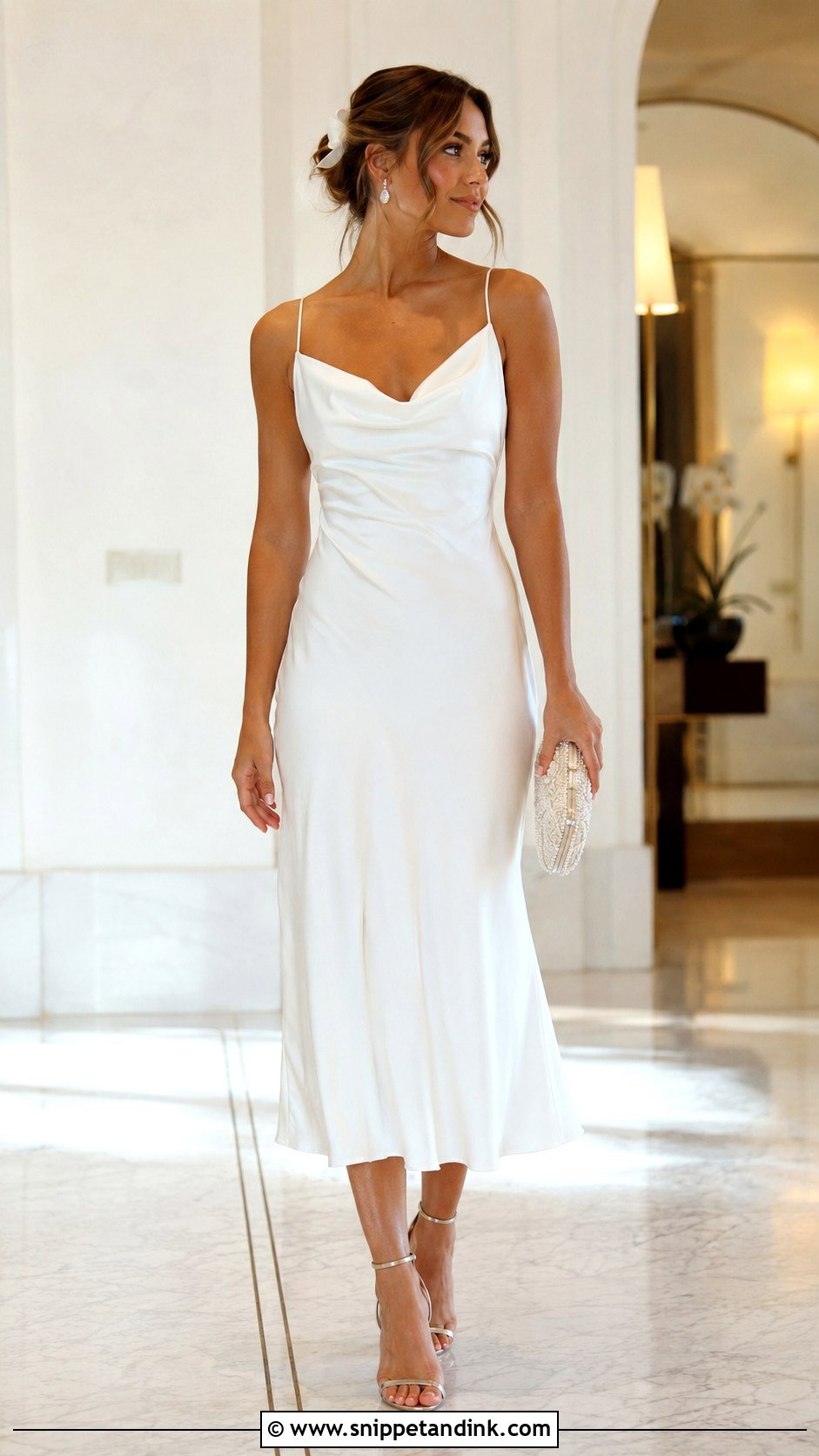 White Satin Midi Dress Hens Bride Outfit - Snippet and Ink - 20 Hens Outfit Bride Ideas