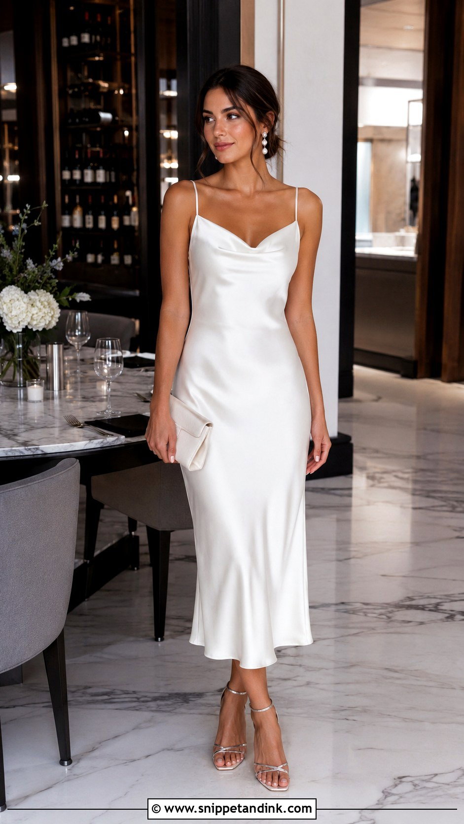 White Satin Midi Dress Outfit - Snippet and Ink - 20 Night Before Wedding Outfit Ideas