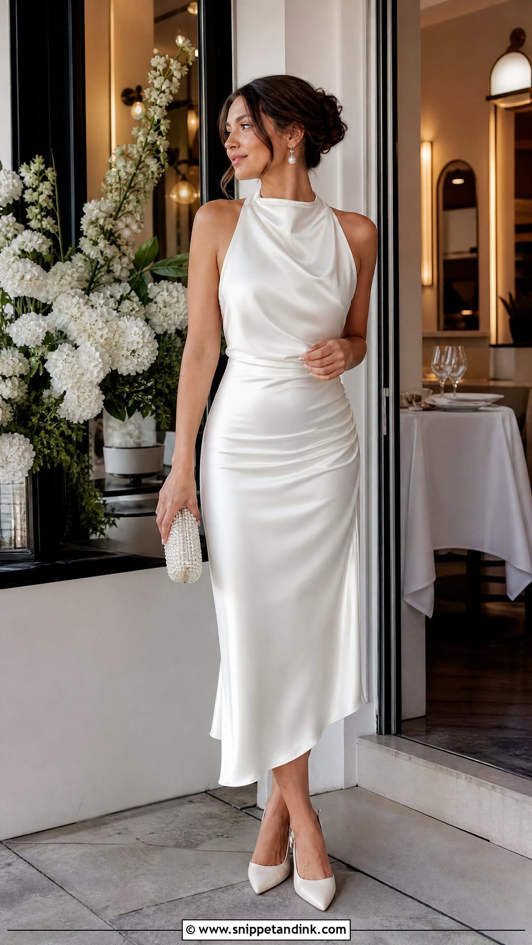 White Satin Midi Dress Outfit - Snippet and Ink - 20 Prewedding White Dress Ideas