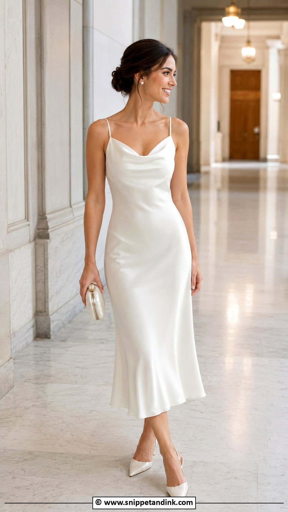 White Satin Midi Dress Outfit - Snippet and Ink - 30 Civil Marriage Dress Ideas