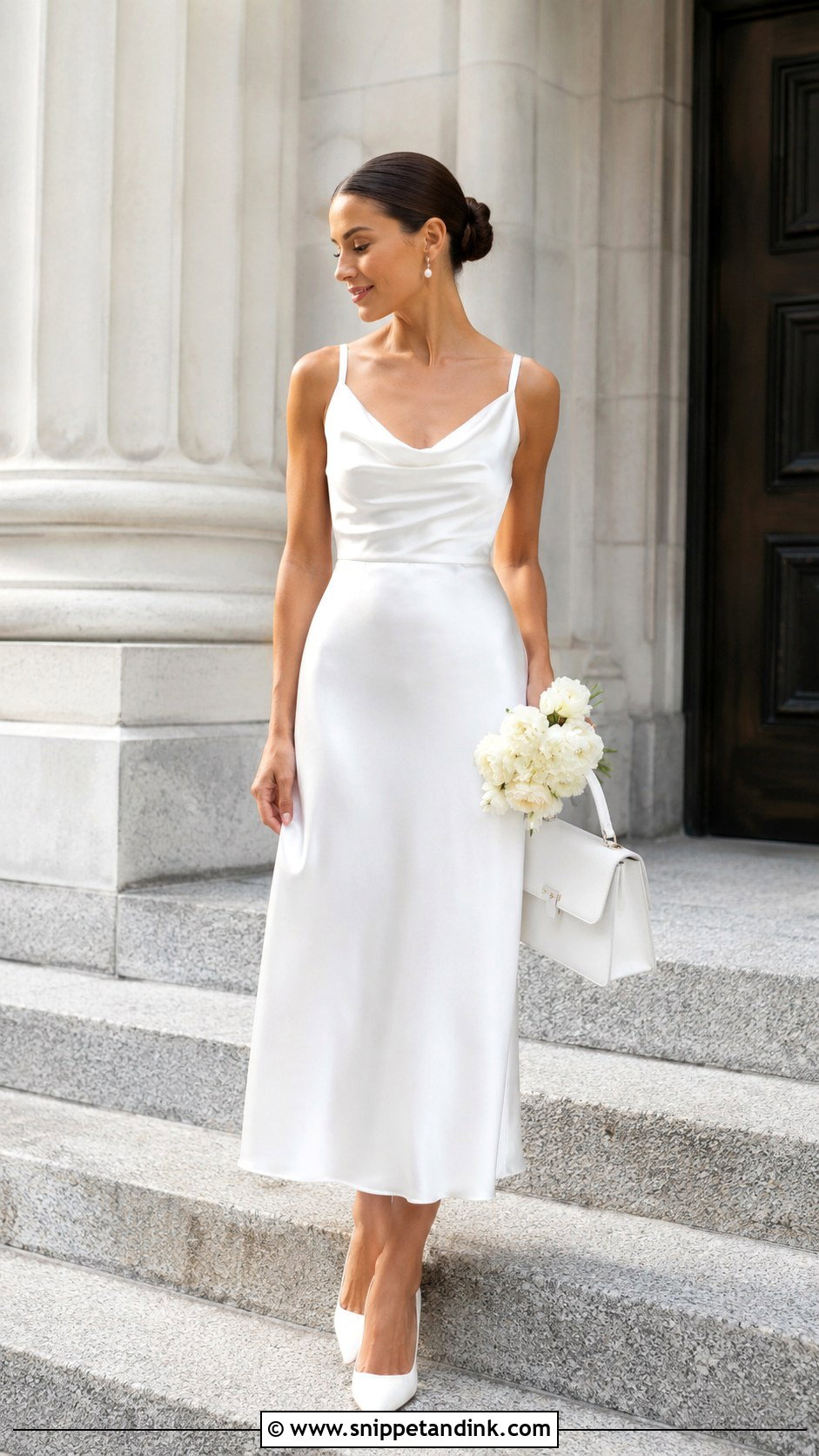 White Satin Midi Wedding Dress - Snippet and Ink - 20 Justice of the Peace Wedding Dress Ideas