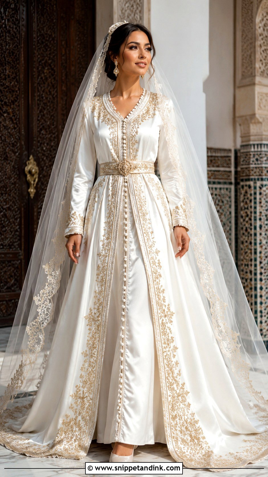 White Satin Moroccan Bride Gown With Caftan Details - Snippet and Ink - 20 Moroccan Bride Dress Ideas