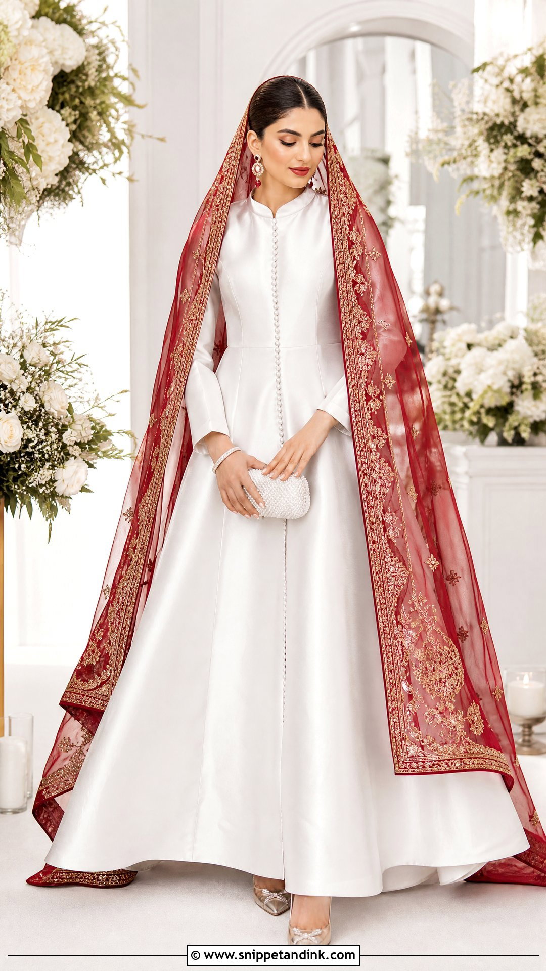 White Satin Nikkah Dress With Red Dupatta - Snippet and Ink - 20 White Nikkah Dress with Red Dupatta Ideas